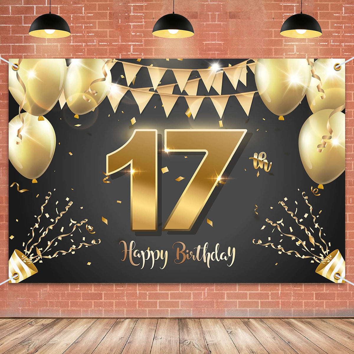 Hamigar 6X4Ft Happy 17Th Birthday Banner Backdrop   17 Years Old Birthday Decorations Party Supplies For Girls Boys   Black Gold