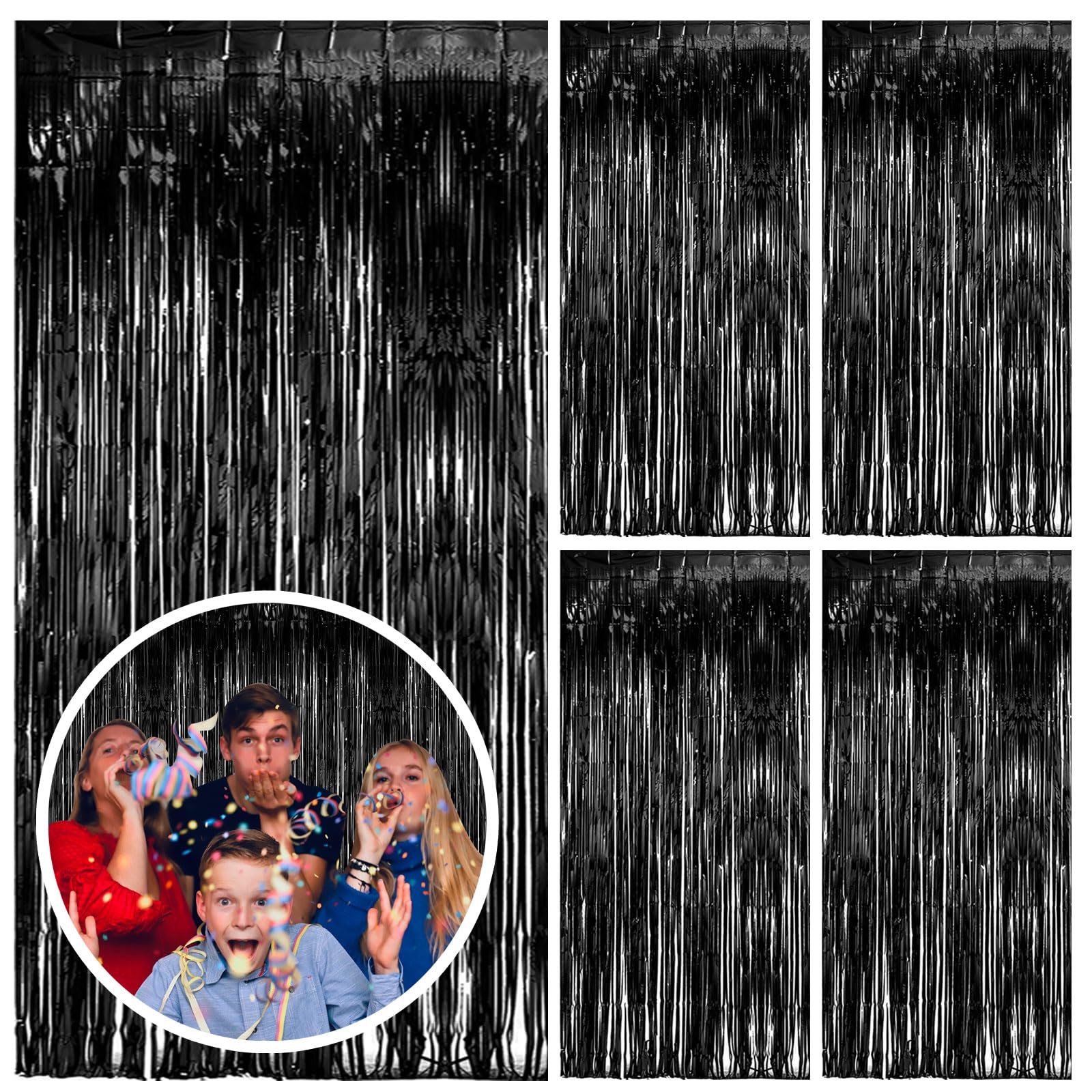 5 Pack Black Party Streamers Backdrop Tinsel Foil Fringe Curtains Halloween Party Decorations Birthday Wednesday Twilight Party