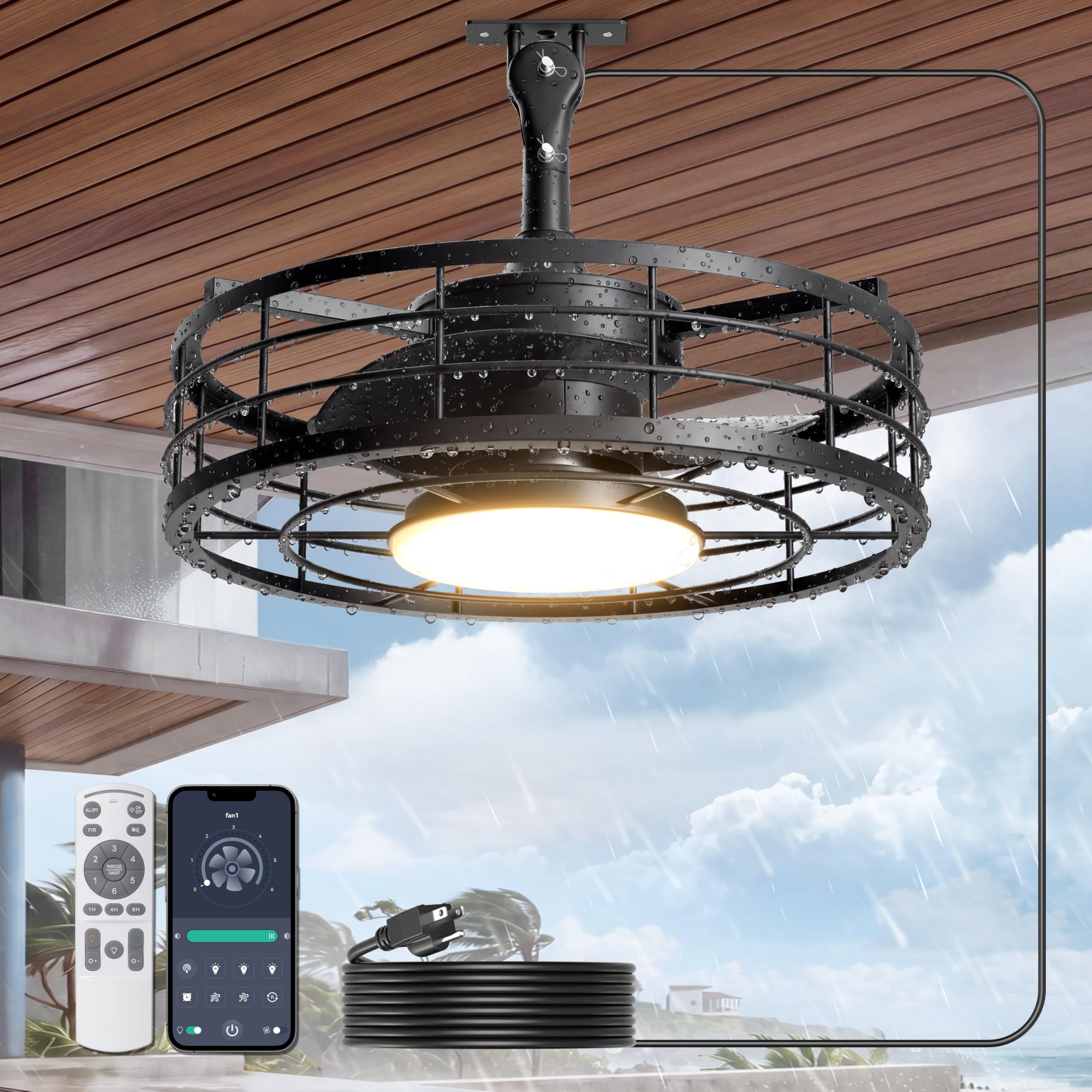 Phylluz Outdoor Ceiling Fan with Lights - 16 Wet Rated Gazebo Fan Remote/APP Control, Caged Hanging Fan Plug and Play for Cove