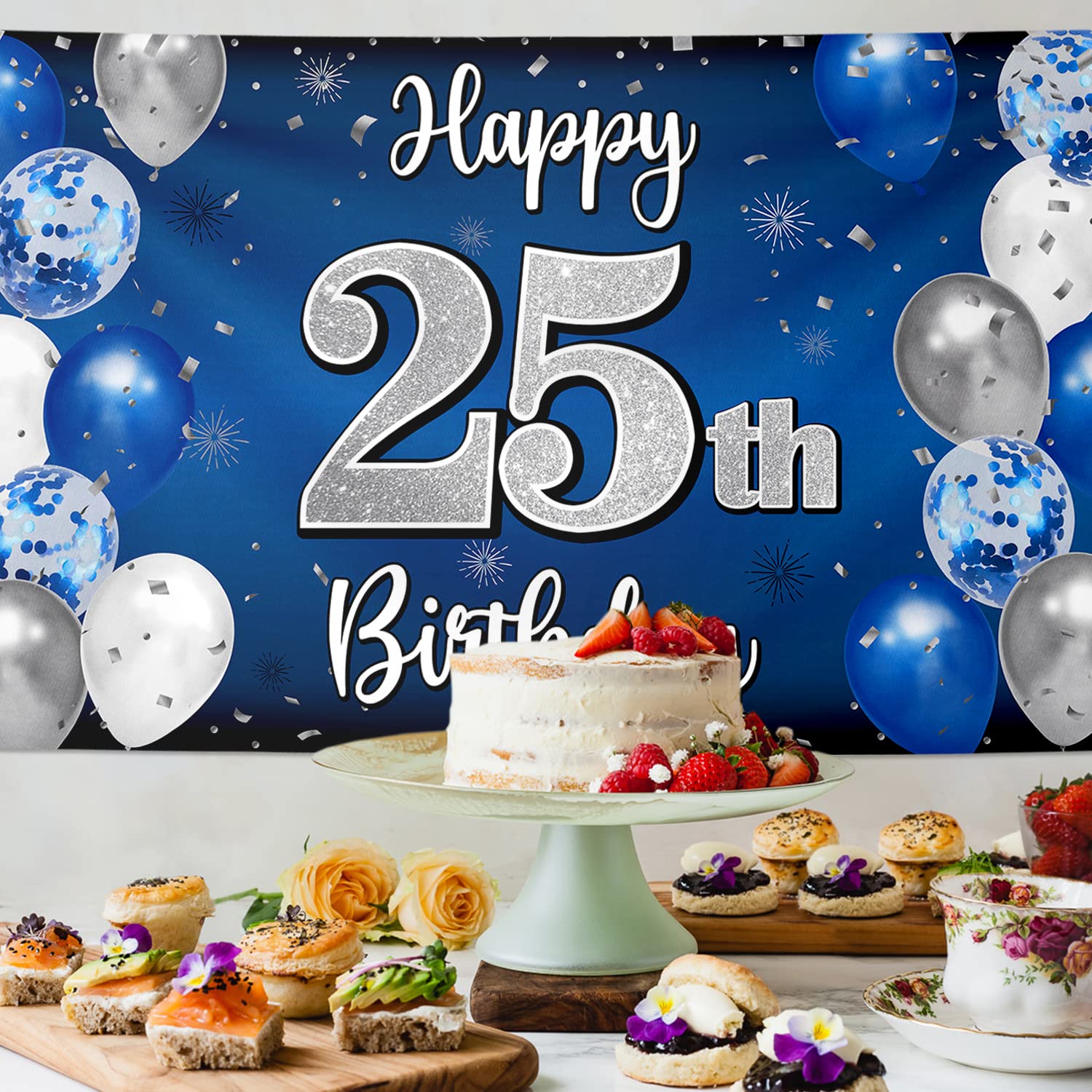 Nelbiirth Happy 25Th Birthday Decorations,25Th Blue & Silver Balloon Large Birthday Banner Backdrop Sign,25Th Bday Party Supplie