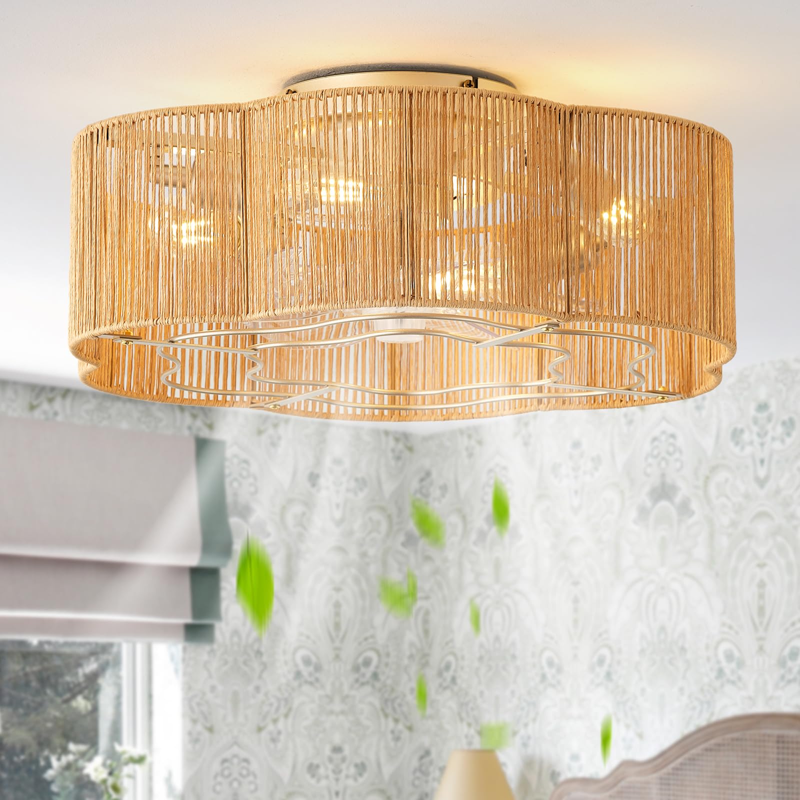 Glmthux Caged Ceiling Fan with Lights, Flush Mount 20 Boho Ceiling Fans with Lights Remote Control, Low Profile Bladeless Rattan