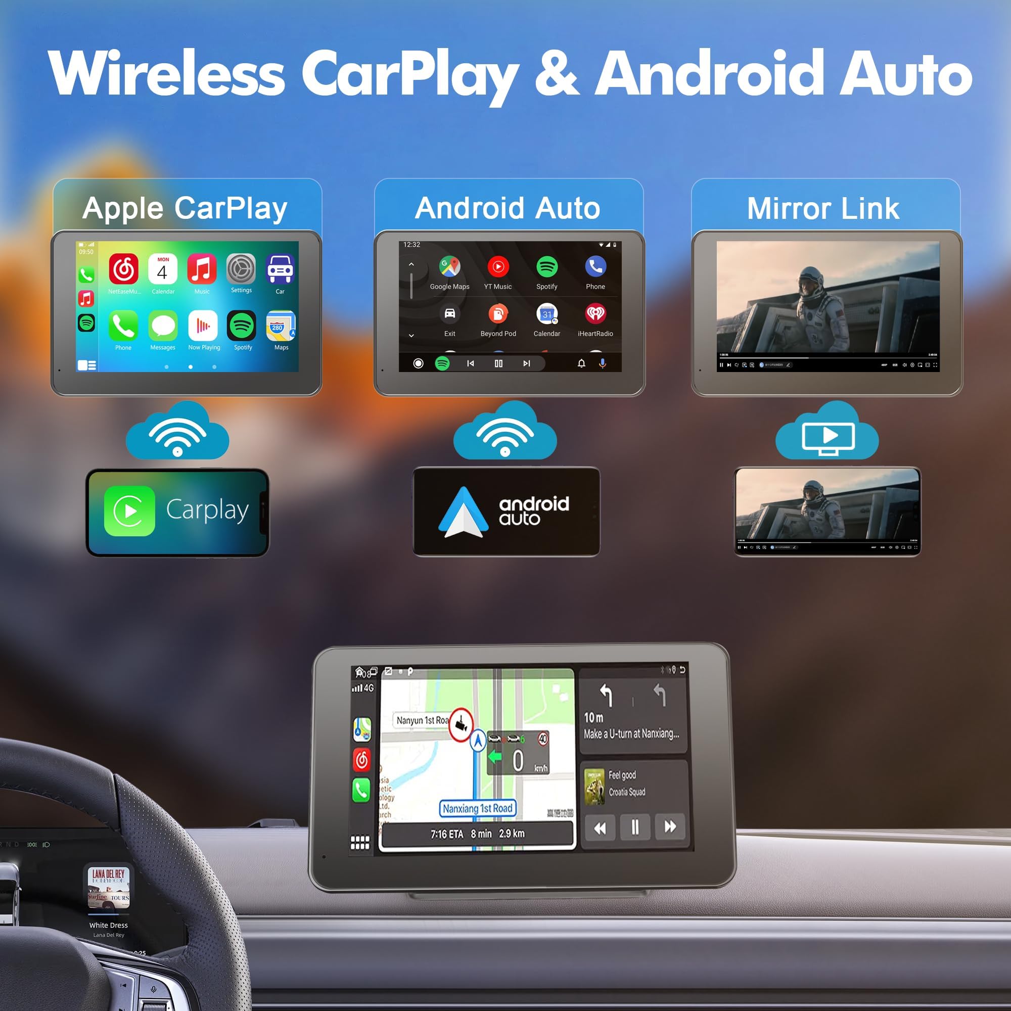 ?Hieha? 2024 Newest Wireless Portable Carplay And Android Auto, Carplay Screen For Car With Mirror Link/Aux/Fm,7'' Touchscreen B