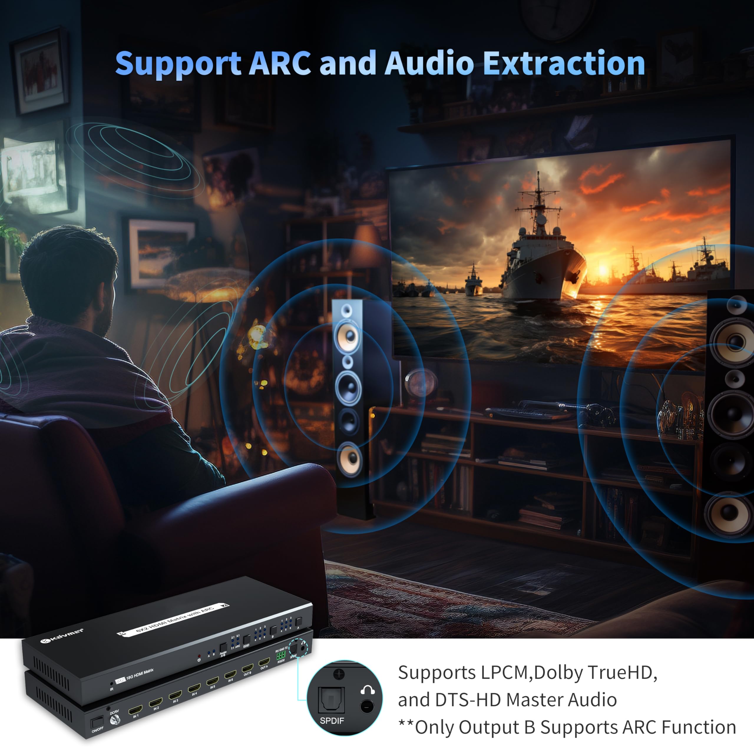 Hdmi Matrix Switch 6X2, Kaivman 6 In 2 Out Hdmi Matrix Switch/Splitter With Ir Remote & Optical Spdif 3.5Mm Audio Extractor | 18