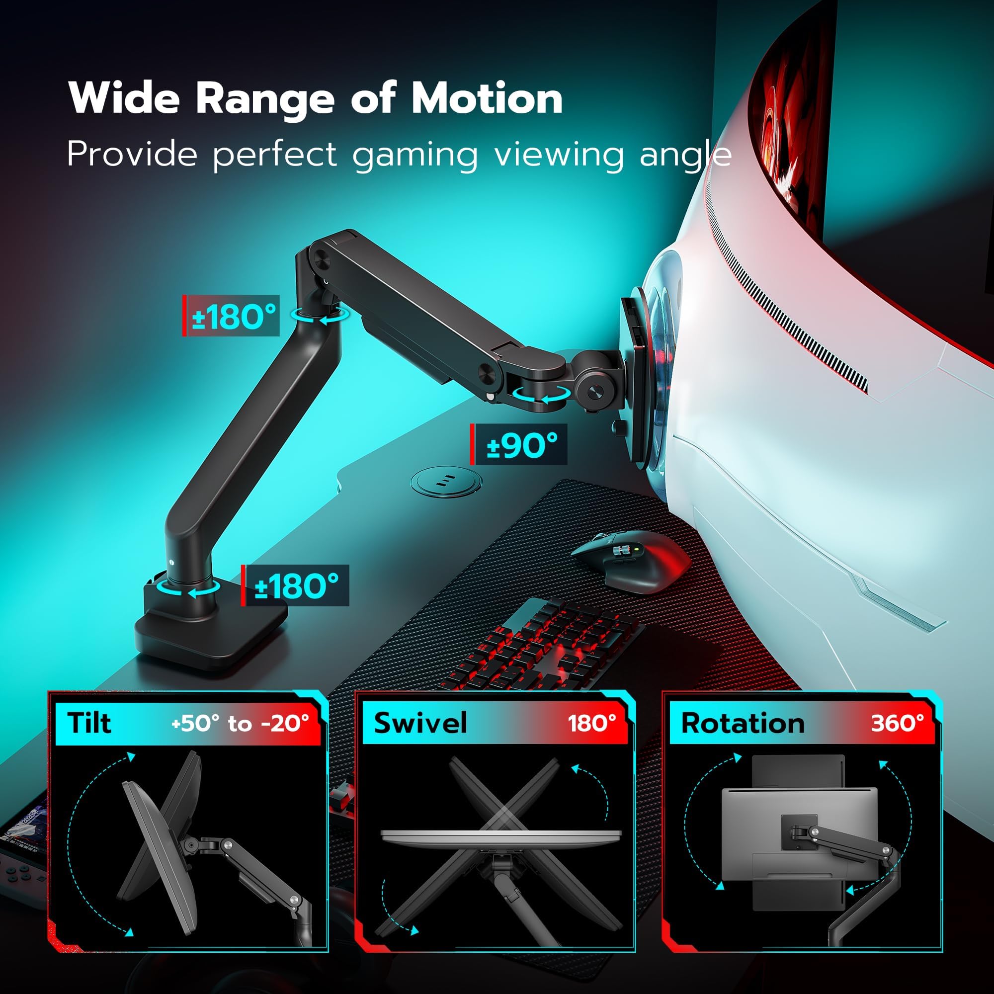 Ares Wing Ultrawide Monitor Arm For 17 To 49 Inch Heavy Duty Curved Monitor, Holds 44 Lbs, Adjustable Gas Spring Monitor Arm Des
