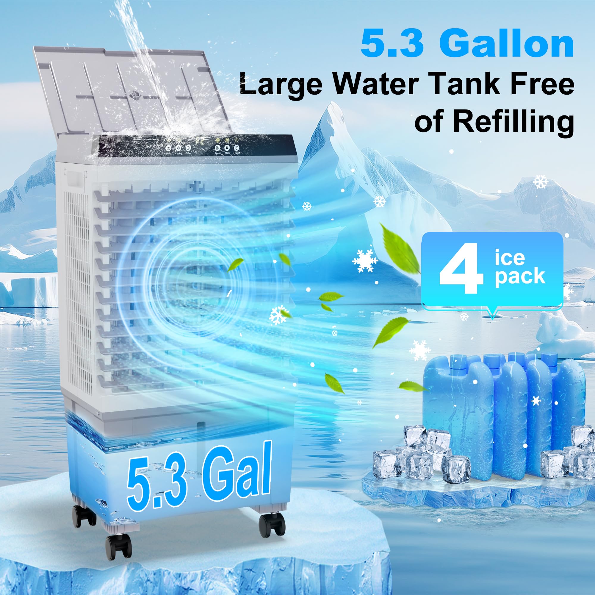 Uthfy Swamp Cooler Air Conditioner, Evaporative Air Cooler With 5.3 Gallon Water Tank, 4 Ice Box, Remote, 12H Timer, 120?Oscilla