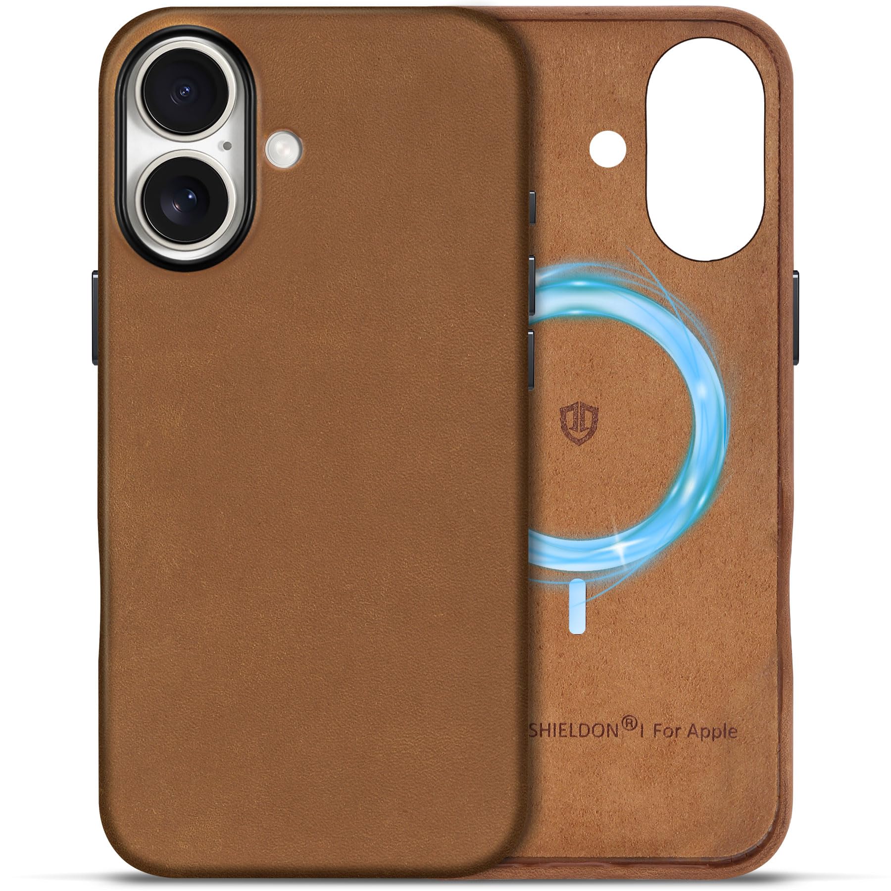 Shieldon Case For Iphone 16 6.1'', Top Grain Vintage Crazy Horse Leather Magnetic Wireless Charging Slim Non-Slip Shock-Absorben