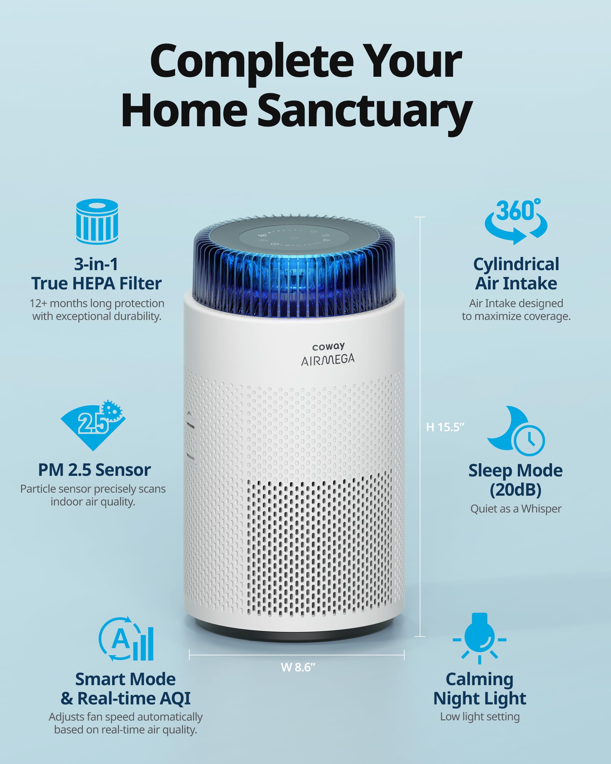 Coway Air Purifiers For Bedroom Home Up To 810 Ft, True Hepa Filter For Smoke, Allergies, Pet Dander, Odor, Aqi Monitor, Auto&Sl