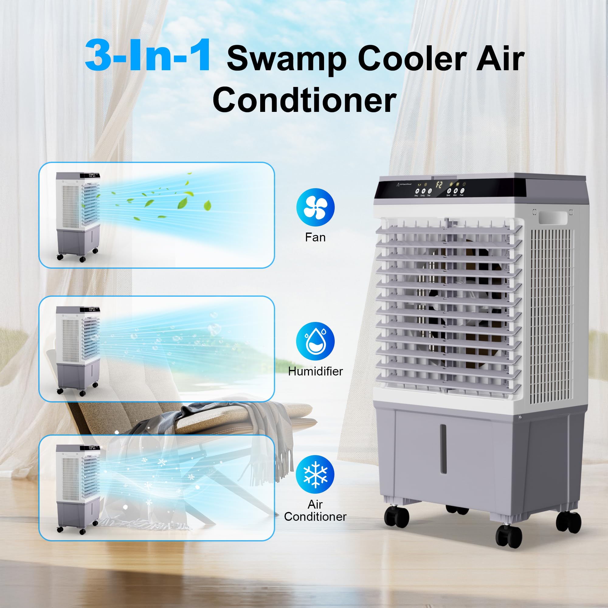Uthfy Swamp Cooler Air Conditioner, Evaporative Air Cooler With 5.3 Gallon Water Tank, 4 Ice Box, Remote, 12H Timer, 120?Oscilla