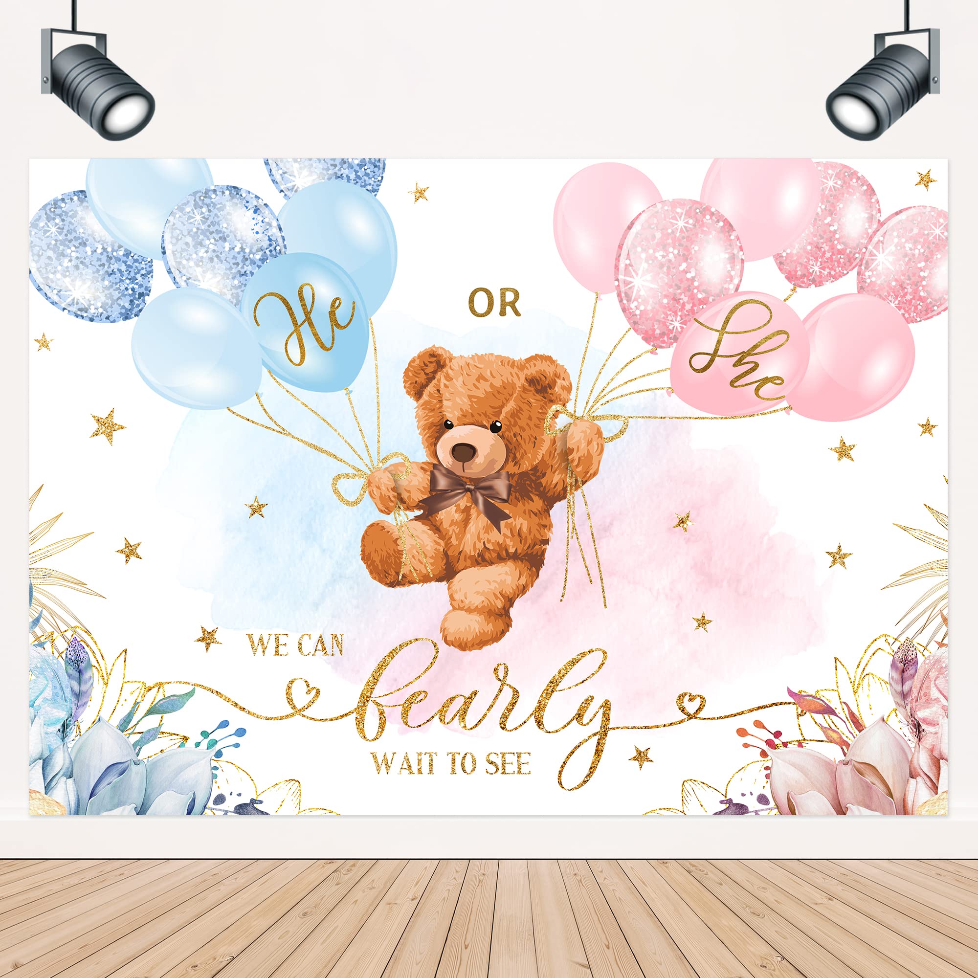 Lightinhome Bear Gender Reveal Backdrop 8Wx6H Feet He Or She Pink Or Blue Cute Floral Balloon Stars We Can Bearly Wait Baby Show