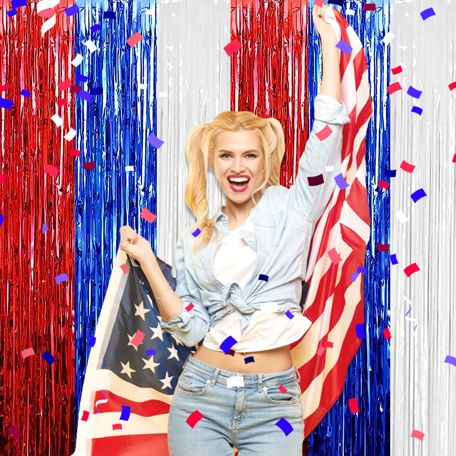 6 Pack White Blue Red Foil Fringe Curtain Backdrop, 3.28Ft X 9.8Ft Metallic Tinsel Foil Fringe Streamer Curtains For Photo Booth