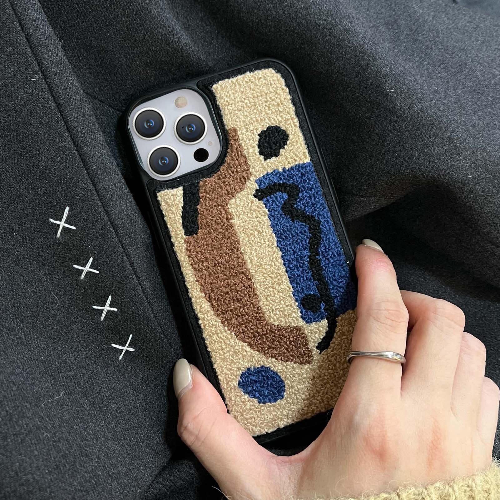 Tewwsdi iPhone 13 Pro Max Fluffy Towel Embroidery Phone Case TPU Brown Geometric 6.7inch