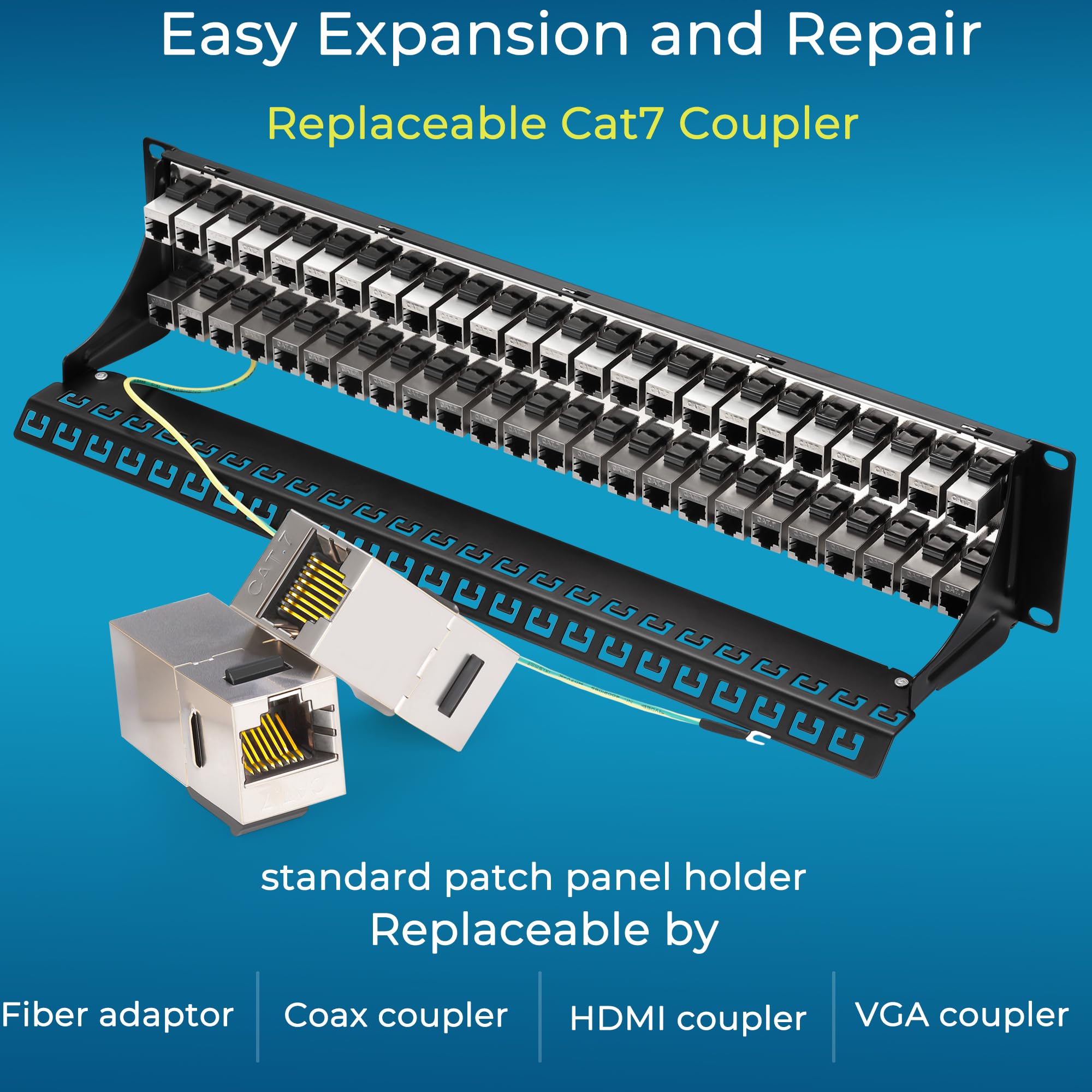Rapink Patch Panel 48 Port Cat7 With Inline Keystone 10G Support, Coupler Patch Panel Stp Shielded 19 Inch With Removable Back Bar, 2U Network Patch Panel For Cat7, Cat6, Cat6A, Cat5E Cabling