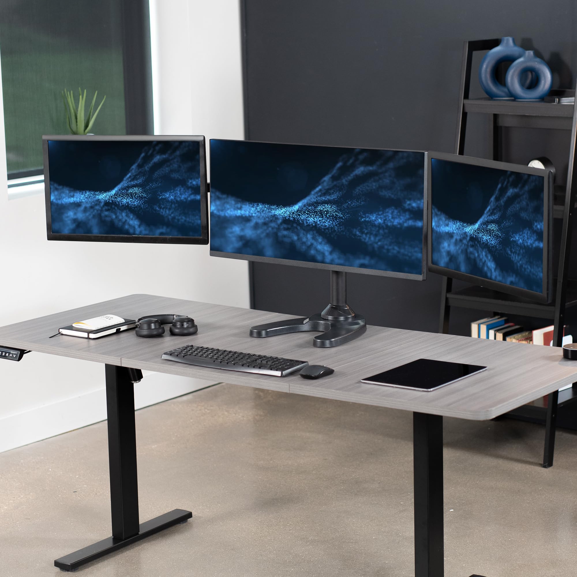VIVO Triple Monitor 23 to 32 inch LED LCD Freestanding Desk Stand, Heavy Duty Articulating VESA Computer Mount, Holds 3 Screens, Fully Adjustable for Home Office Workstation, Black, STAND V103F