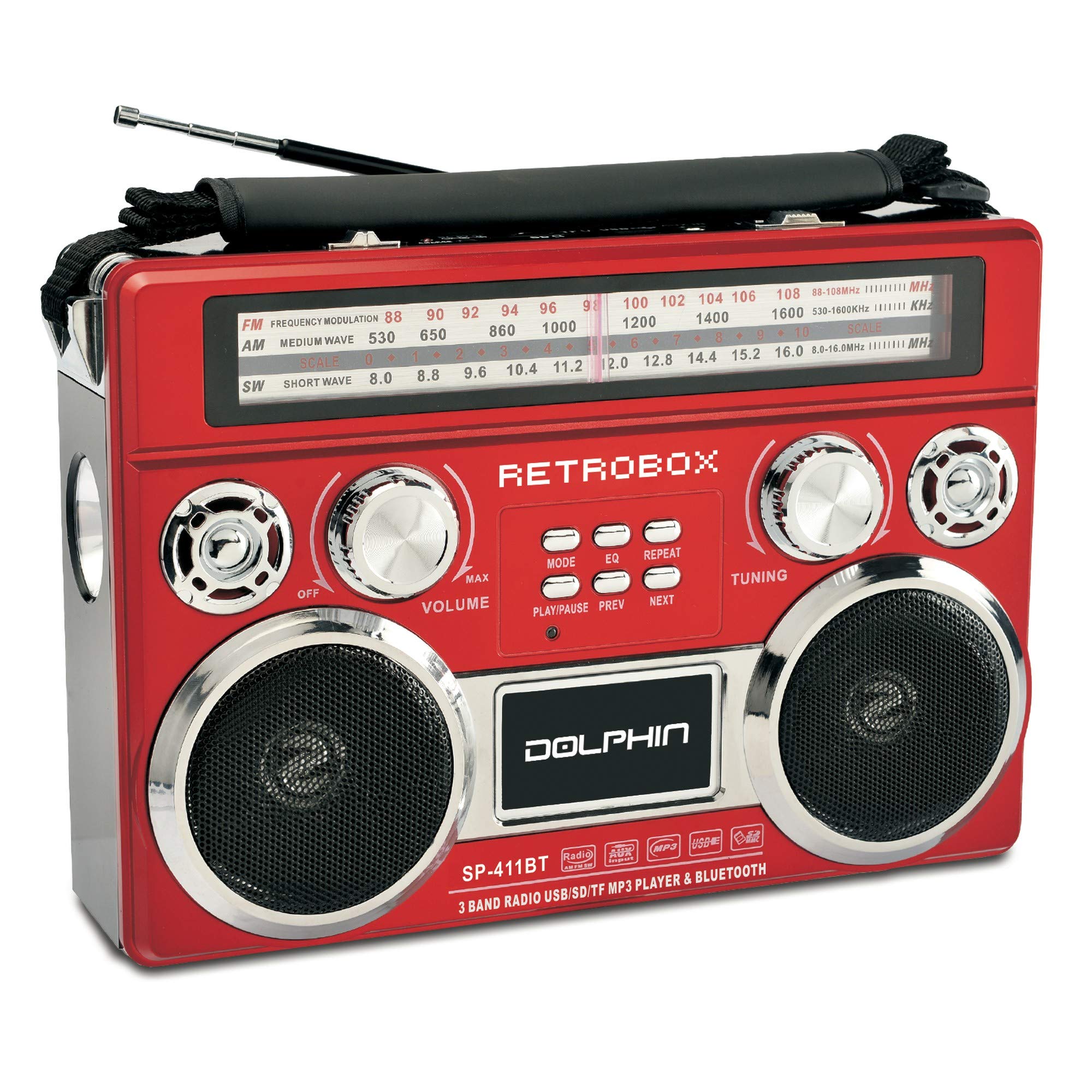 Dolphin Sp 411Bt Retrobox Portable Bluetooth Radio With Ac/Dc Power, Rechargeable Battery, Usb/Sd/Fm/Am/Sw/Aux, And High Sensitivity Antenna Red Or Black With Leather Handle And Shoulder Strap
