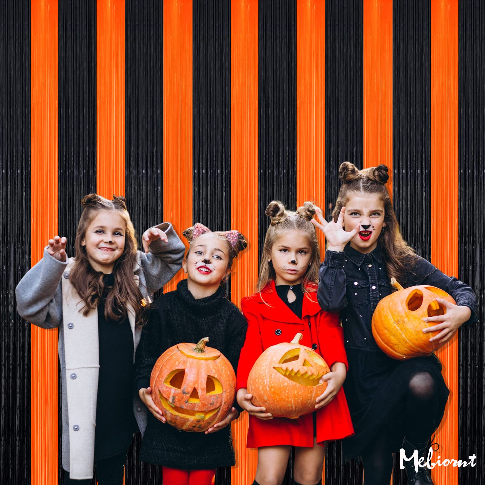 4 Pack Fringe Curtain Backdrop, 3.2Ft X 9.8Ft Black Orange Metallic Tinsel Foil Fringe Streamers Background For Photo Booth Birt