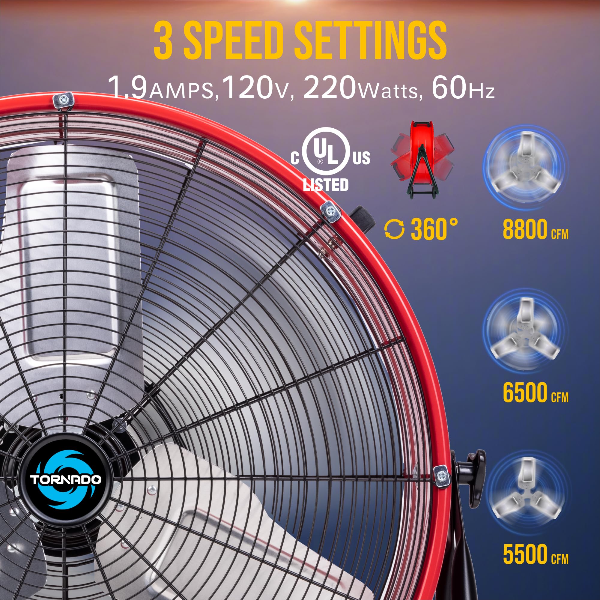 Tornado 24 Inch High Velocity Drum Fan, 8800 Cfm Heavy Duty Industrial Floor Fan, 3-Speed Tilt Adjustable Metal Blades, Wide Air