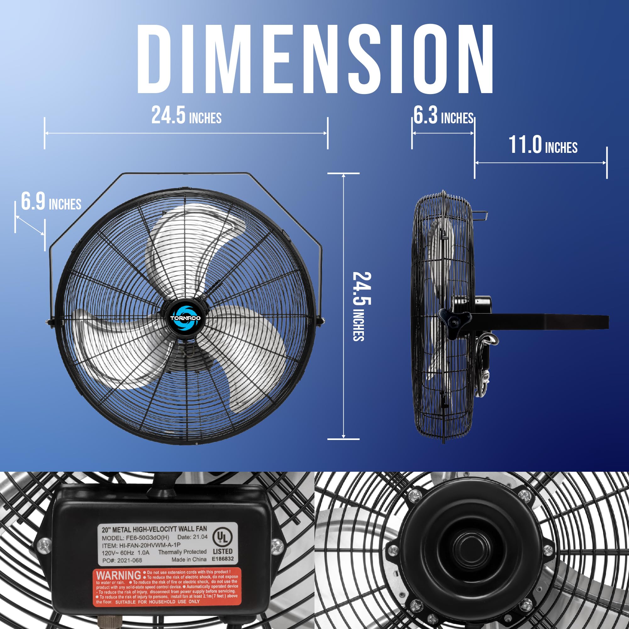 Tornado   20 Inch High Velocity Industrial Wall Fan   4750 Cfm   3 Speed   6 Ft Cord   Industrial, Commercial, Residential Use