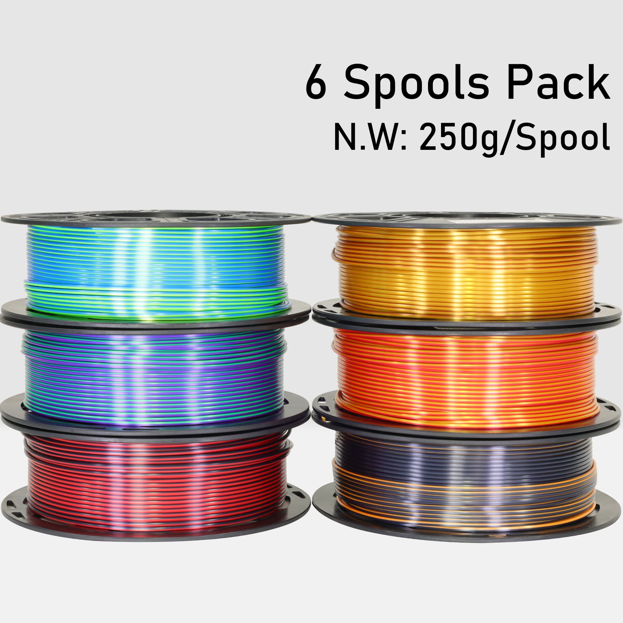 6 Spools Bicolor Dual Color 1.75Mm 3D Printer Filament Bundle, 3D Printing Silk Pla, Silk Black-Purple/Purple-Gold/Black-White/B