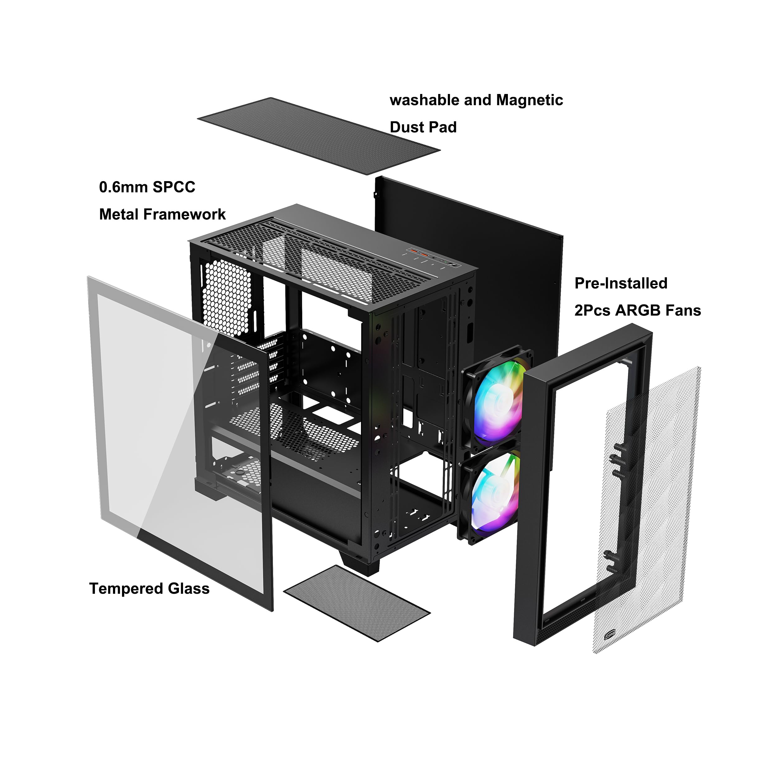 Pccooler Cps C3D310 Airflow M Atx Pc Case Mid Tower Desktop Computer Gaming Superior Case For Itx/M Atx With 2 Argb Case Fans,16
