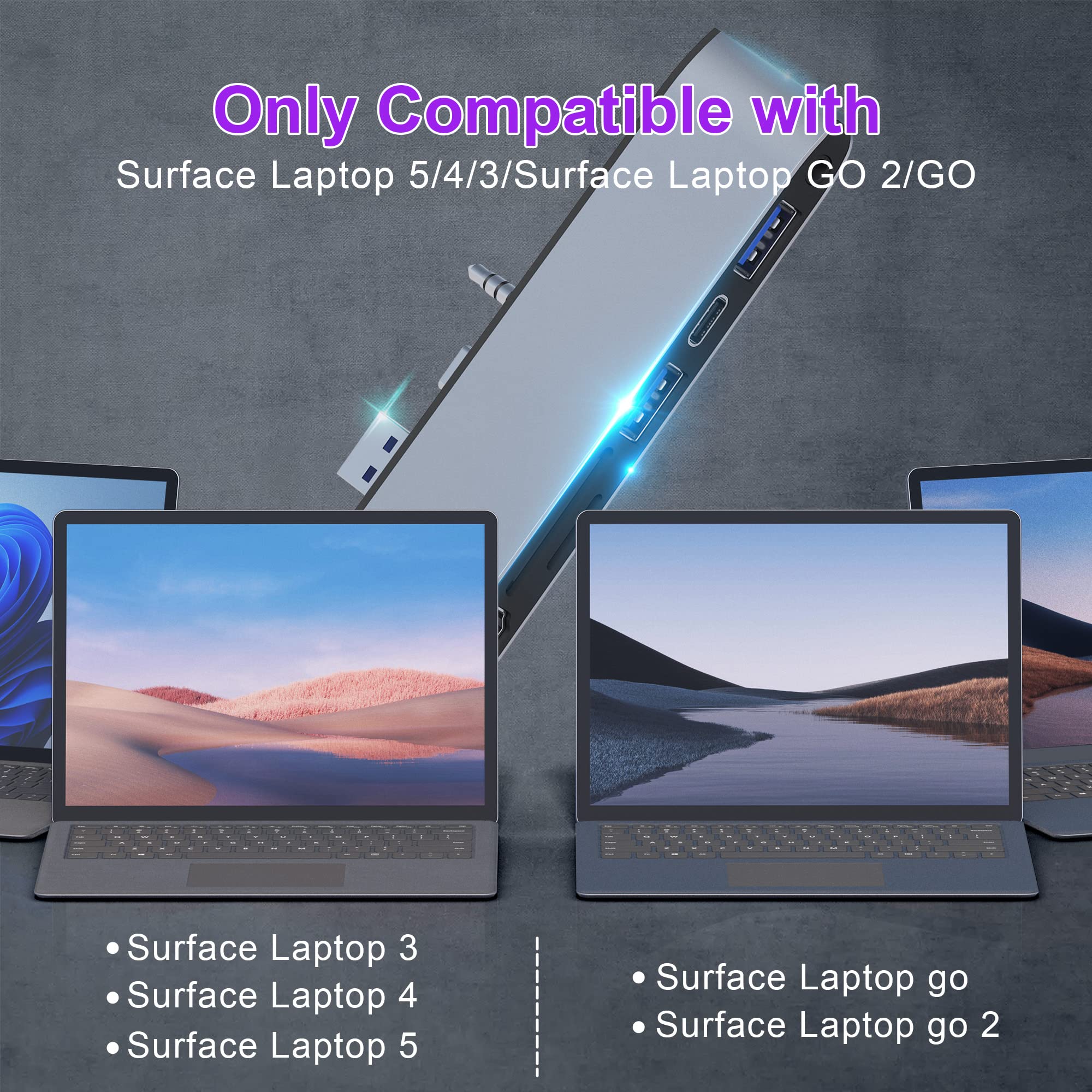 Surface Laptop 5/Laptop 4/Laptop 3/Laptop Go/Laptop Go2 Hub Docking Station With 4K@30Hz Hdmi +2*Usb 3.0 +Usb C +Sd Tf Card Slot