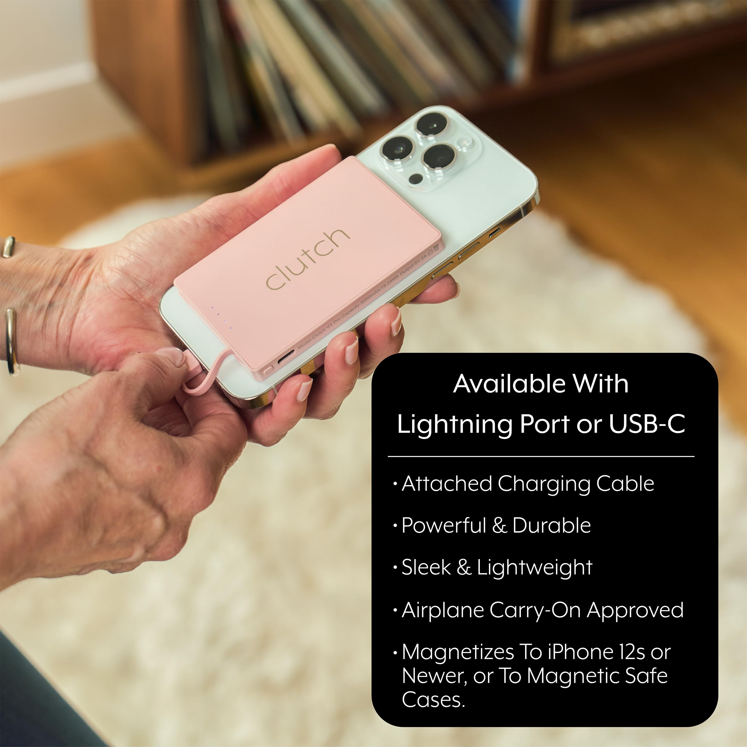 Clutch Pro Portable iPhone Charger 5000mAh - TSA Approved, Magnetic, Lightweight, Built-in Lightning Cable, Compatible with iPhone 14 & Older, Black
