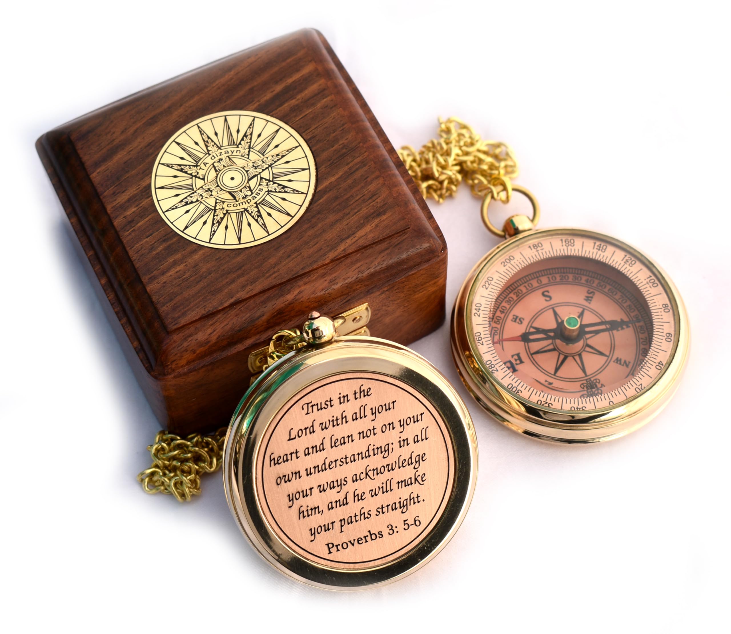 Trust In The Lord With All Your Heart  Proverbs 3: 5 6 Quote Engraved Compass With Wooden Box, Greeting Card, Gift Compass, Grad