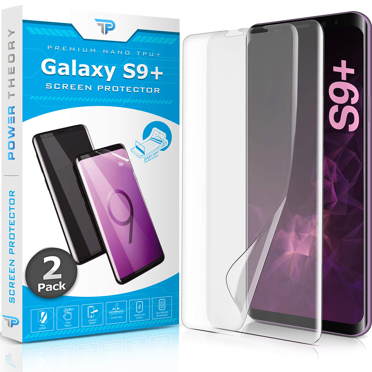 Power Theory Designed For Samsung Galaxy S9 Plus Screen Protector [Not Glass], Easy Install Kit, Case Friendly, Full Cover, Flex