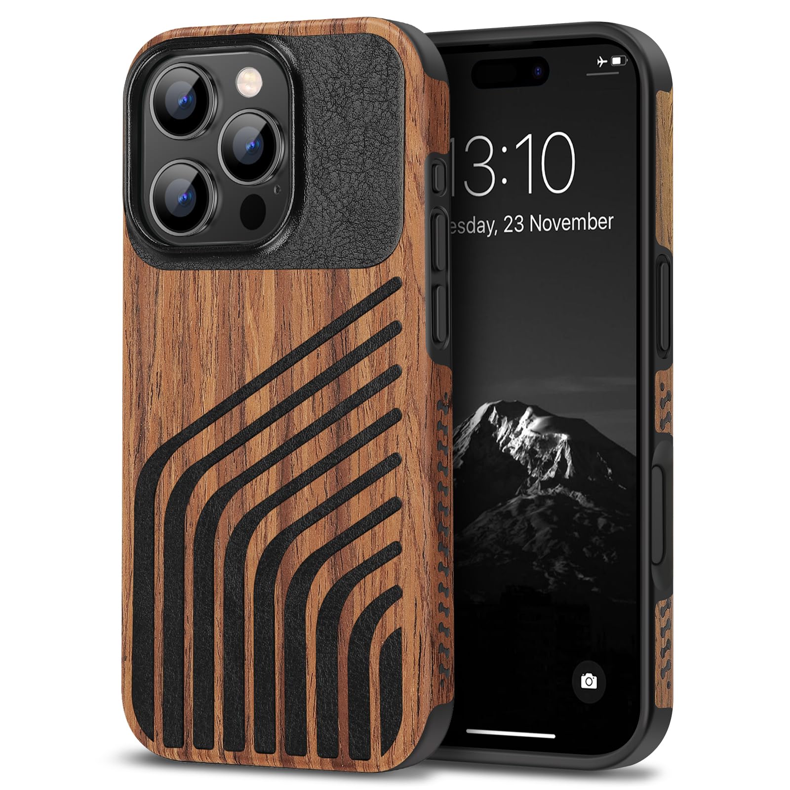 TENDLIN Compatible with iPhone 16 Pro Phone Case Wood Grain with Carbon Fiber Texture Design Leather Hybrid Slim Case (Hairline)