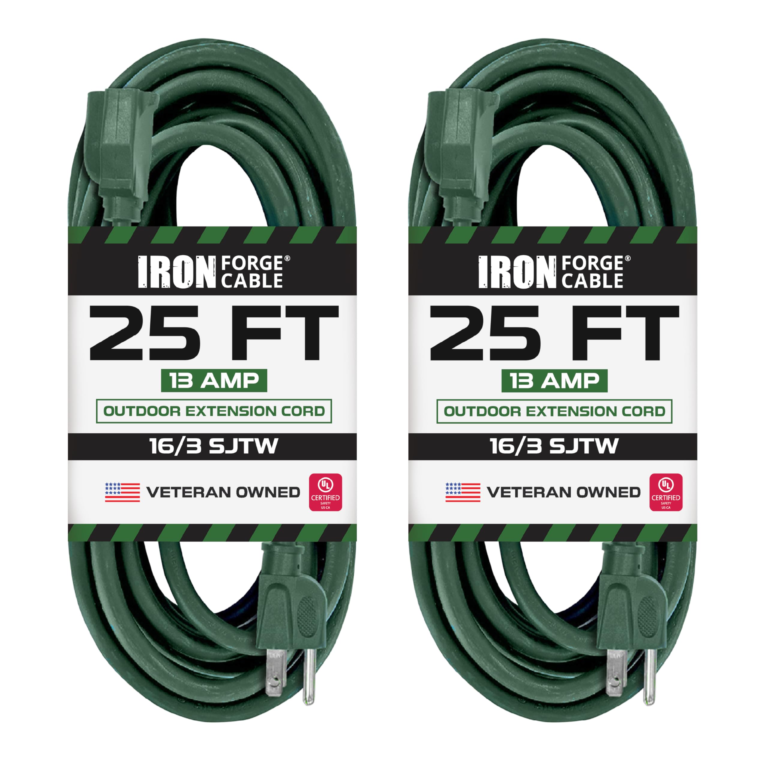 Iron Forge Cable 2 Pack Outdoor Extension Cord 25 Ft, 16/3 Sjtw Weatherproof Green Extension Cord 3 Prong, 13 Amp Heavy Duty Pow