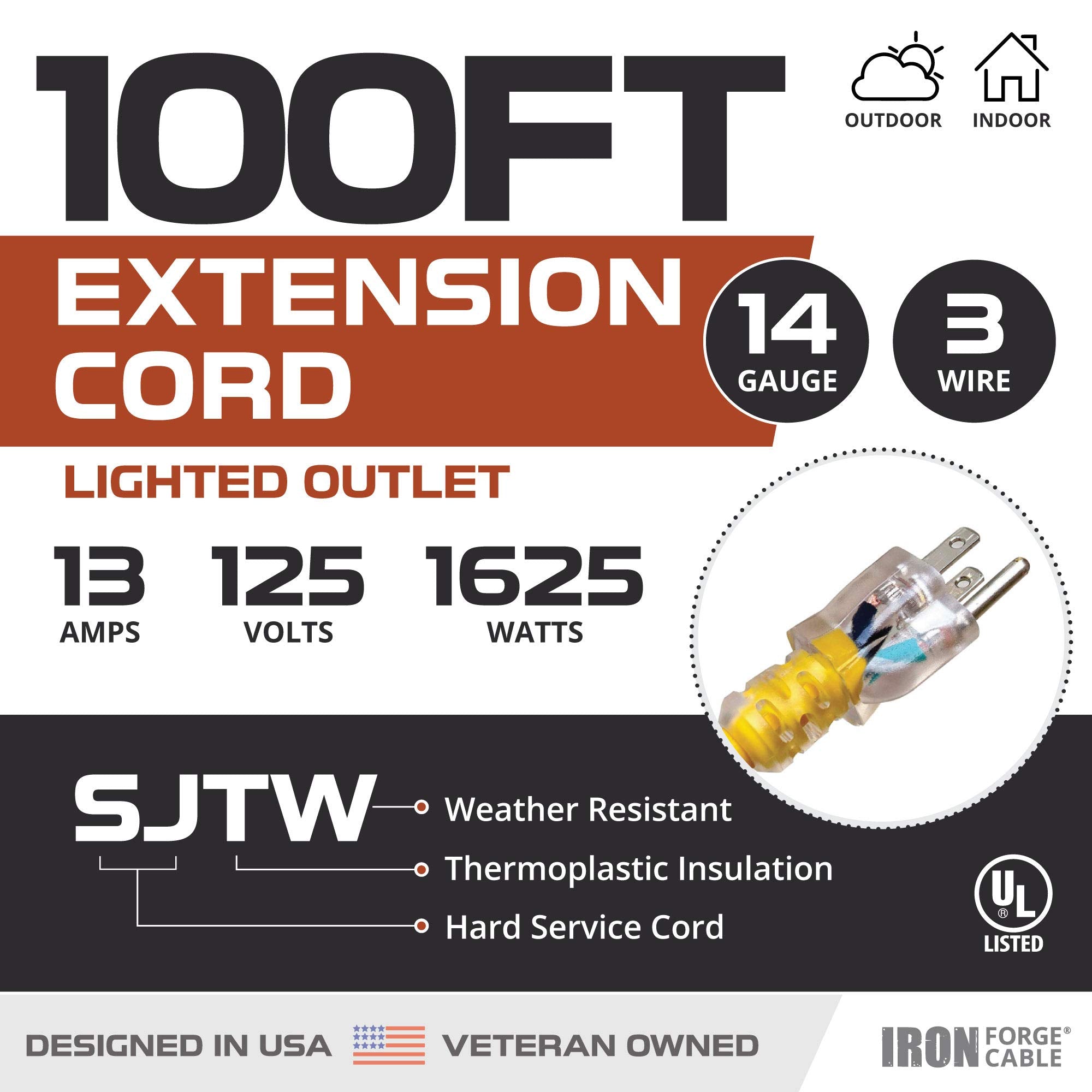 IRON FORGE CABLE 100 Ft Weatherproof Extension Cord - 14/3 SJTW, 15 Amp, Yellow, Lighted End