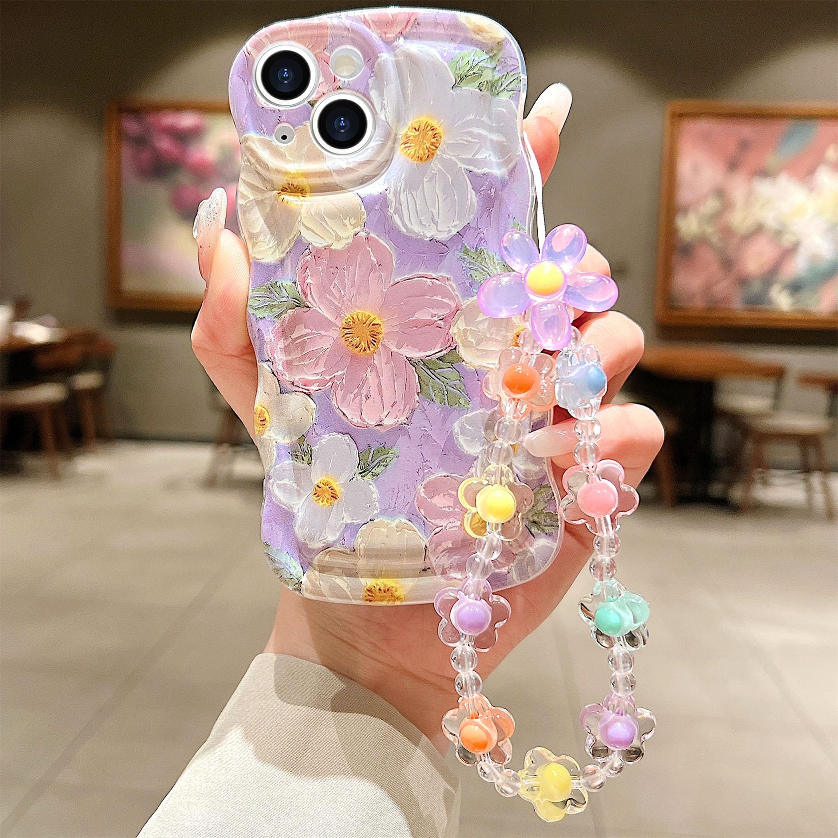 for iPhone 13 Mini Curly Wavy Case, Cute Colorful Retro Oil Painting Flower Glossy Pattern [with Bead Chain], Slim Fit Shockproo