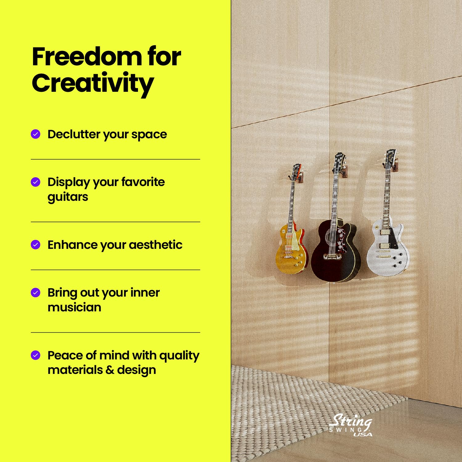 String Swing Guitar Wall Mount 3 Pack, Guitar Hangers, Wall Guitar Mount, Guitar Holder Hook For Wall, Fits All Size Guitars, Ac