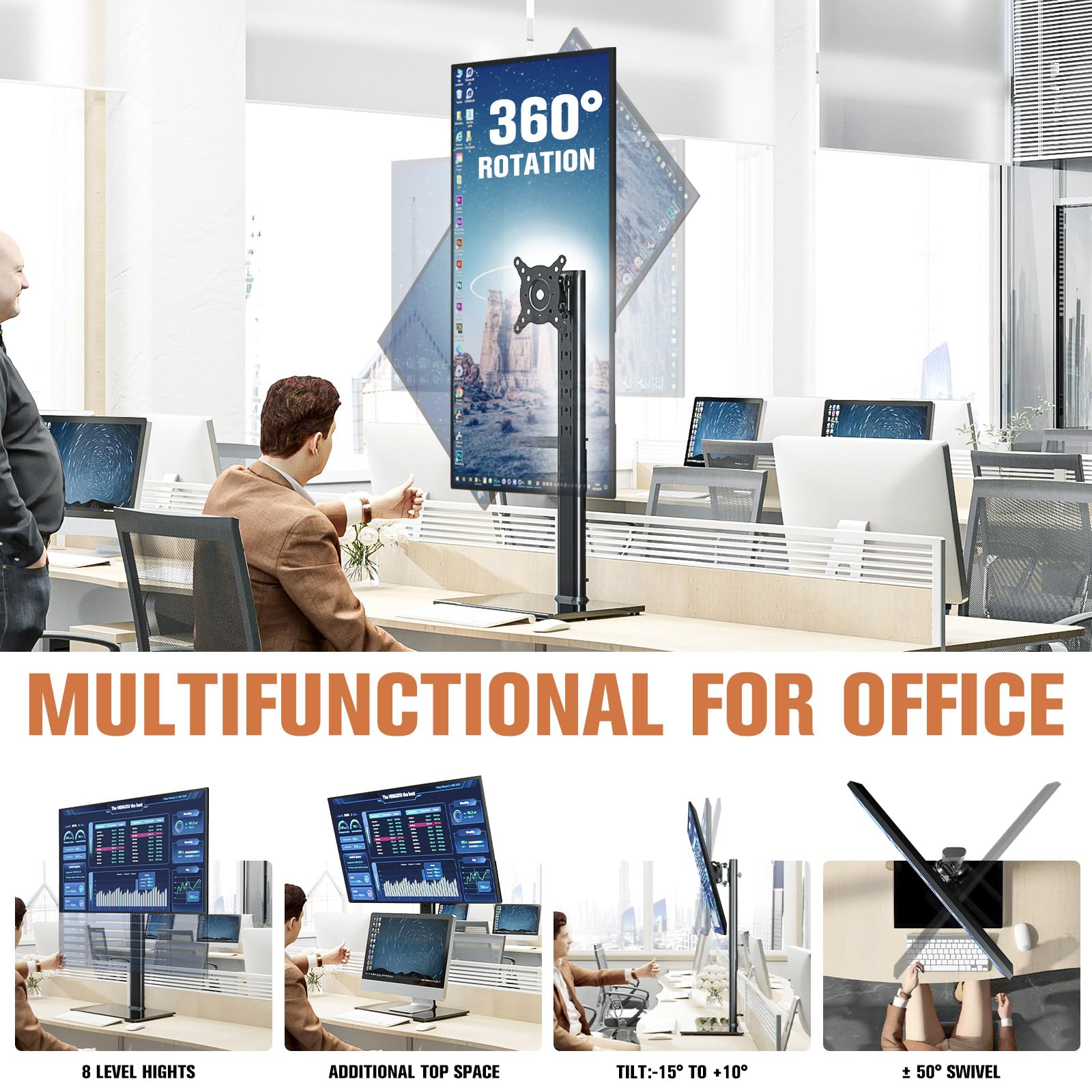 Single Monitor Stand Freestanding 27 43 Inch Monitor Arm Curved Screen Monitor Mount Tempered Glass Base Adjustable Motion Tilt
