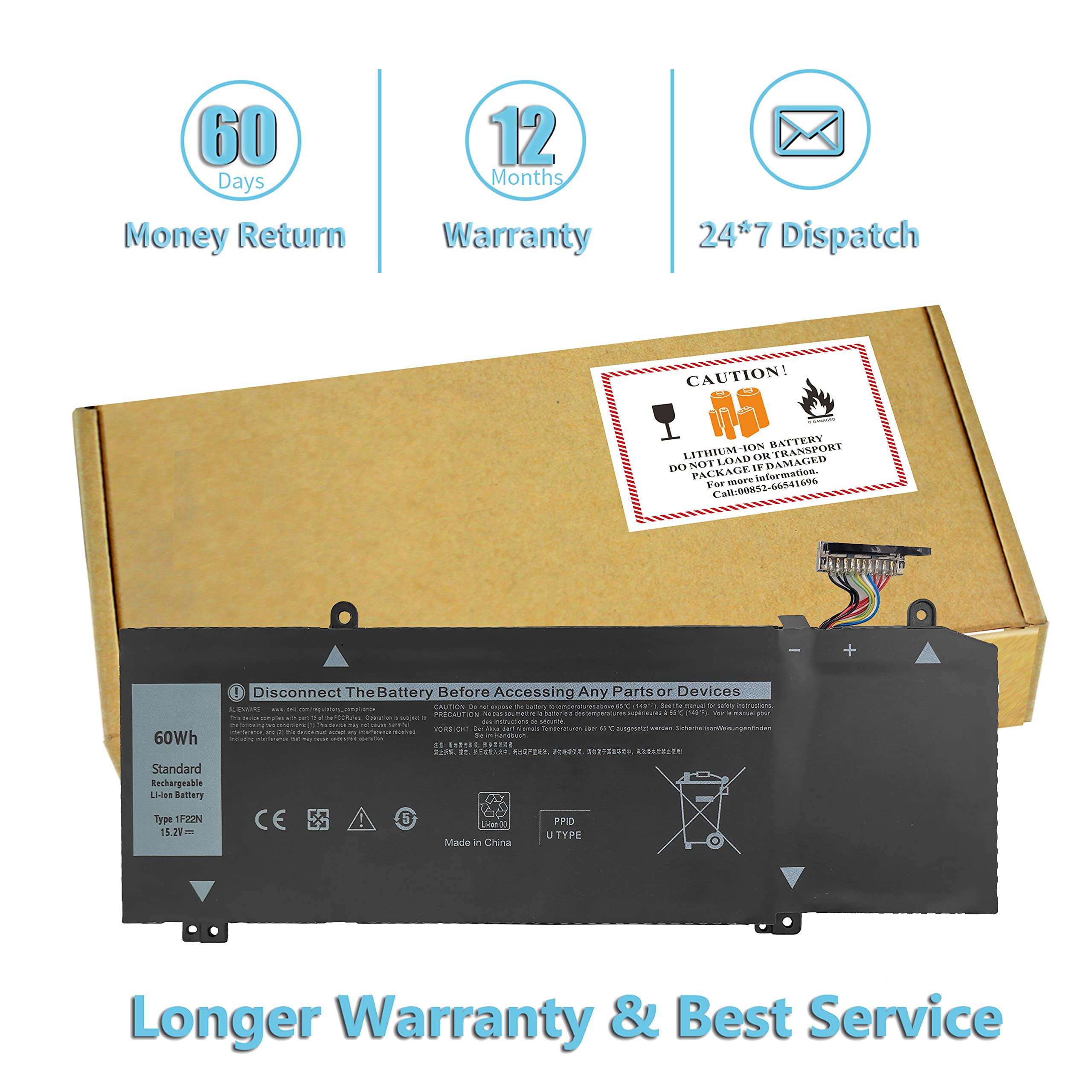 Bovekeey 1F22N Battery 60Wh 15.2V For Dell Alienware M15 M17 R1 G7 7590 7790, G5 5590 D2783W D2743B D2865B D2863W D2842W D2843W,