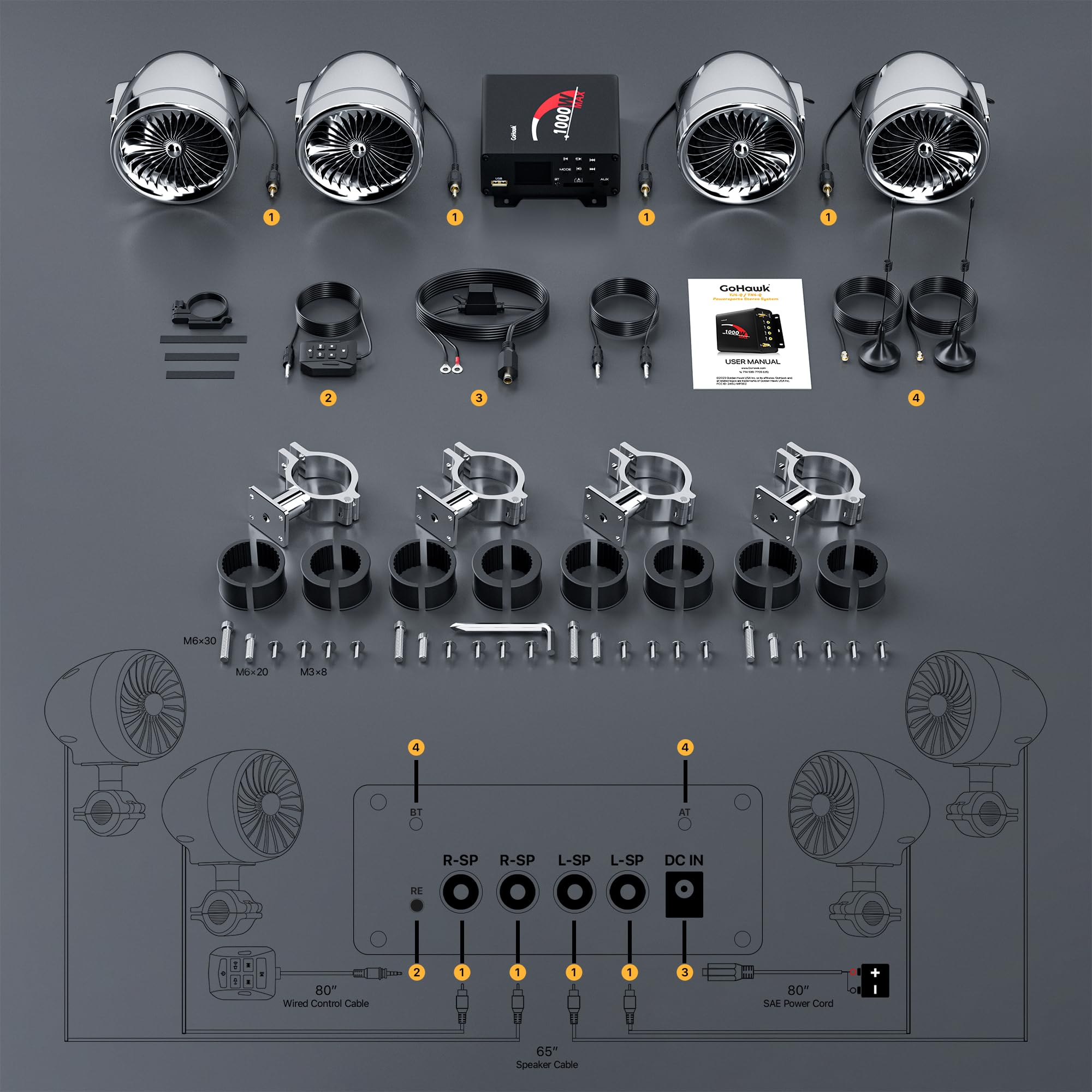 Gohawk Tj4 Q 1000W 4 Channel Amplifier 4' Full Range Waterproof Bluetooth Motorcycle Stereo Speakers Audio System Aux Usb Sd Radio For 1 1.5' Handlebar Harley Touring Cruiser Atv