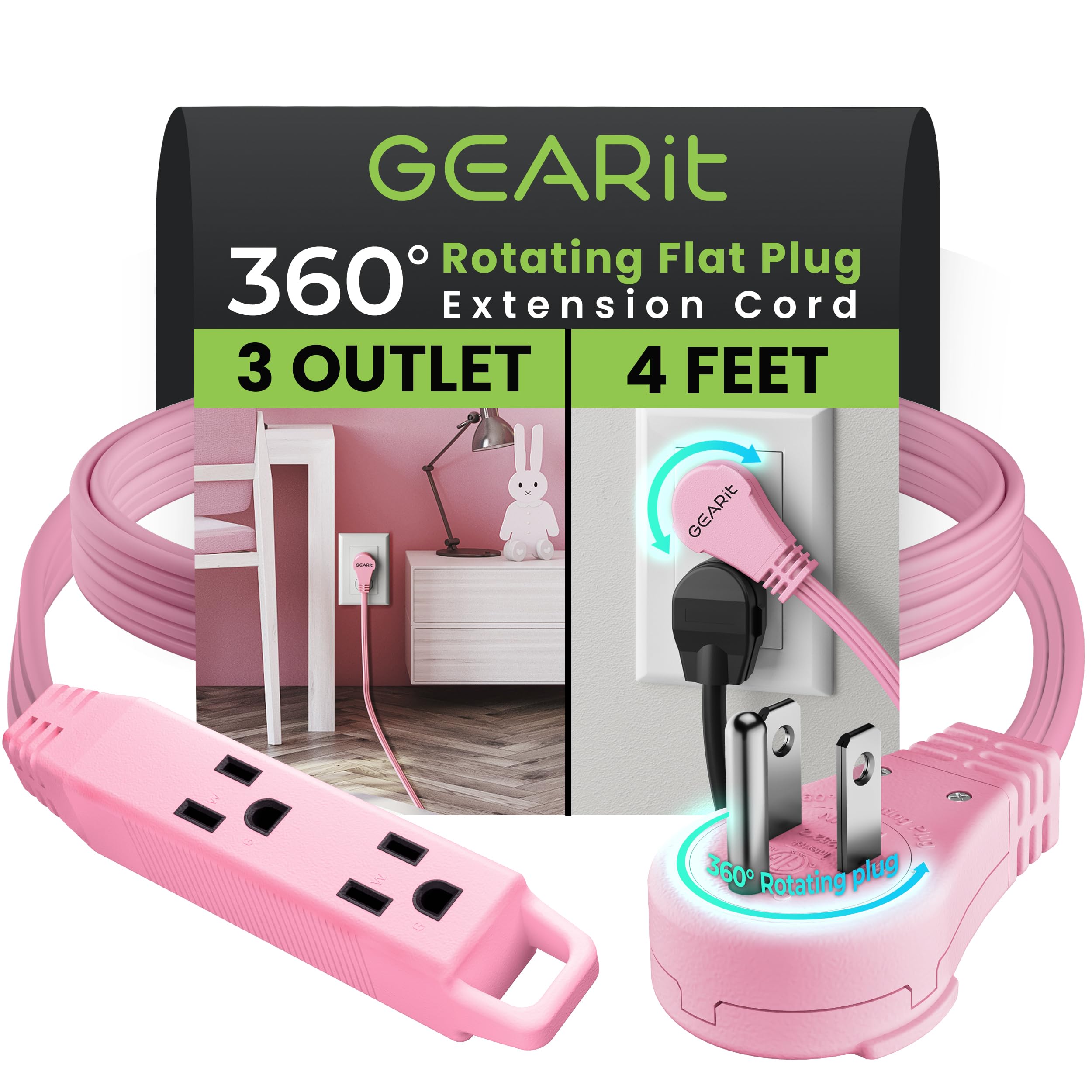 Gearit 360 Rotating Flat Plug Short Extension Cord With 3 Outlets (4Ft, Pink) 16Awg/13A 3 Prong Wire, Outlet Saver For Home Offi