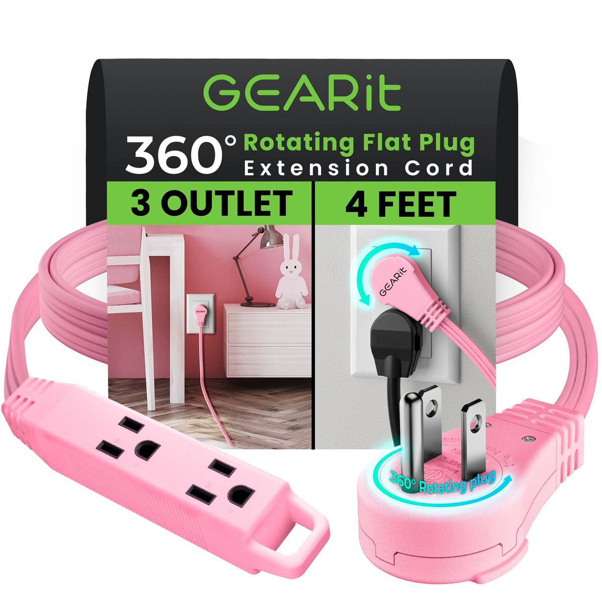 Gearit 360 Rotating Flat Plug Short Extension Cord With 3 Outlets (4Ft, Pink) 16Awg/13A 3 Prong Wire, Outlet Saver For Home Offi