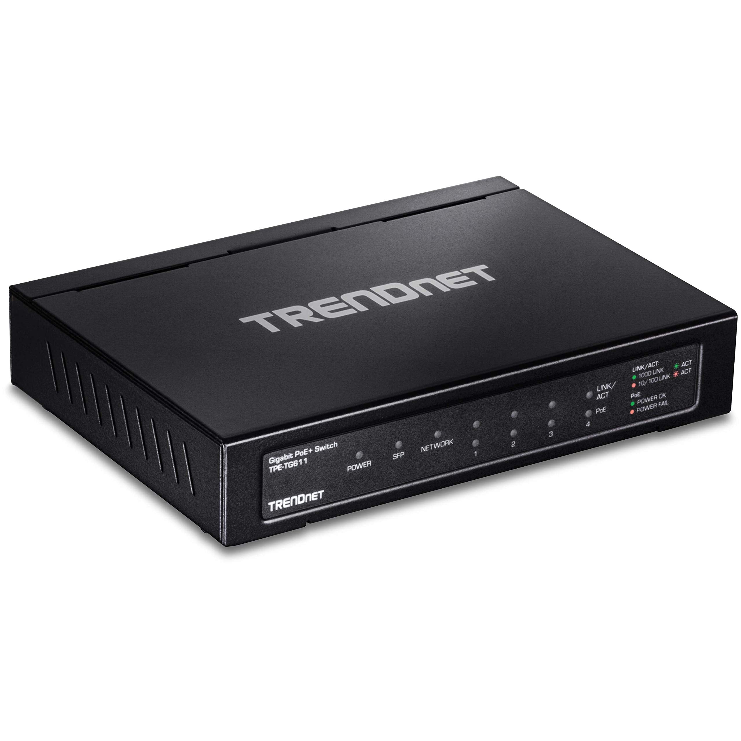 TRENDnet 6-port Gigabit Poe+ Switch, TPE-TG611, 4 X Gigabit Poe+ Ports, 1 X Gigabit Port, 1 X SFP Slot, Supports 100/1000Base-FX