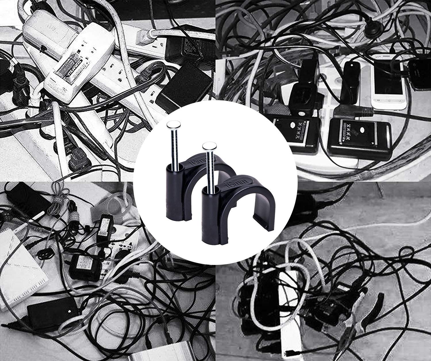 Mini Skater 16Mm Nylon Steel Nail In Circle Ethernet Cable Clips Cord Holder Wire Management,Pack Of 50.(Black)