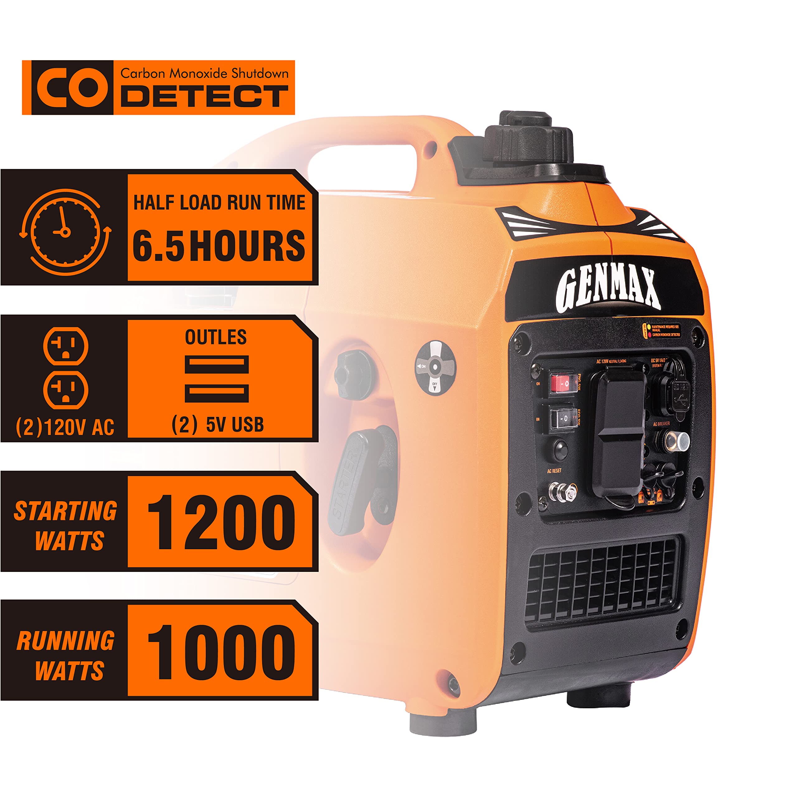 Genmax Portable Generator,1200W Ultra-Quiet Gas Engine, Epa Compliant, Eco-Mode Feature, Ultra Lightweight For Backup Home Use &