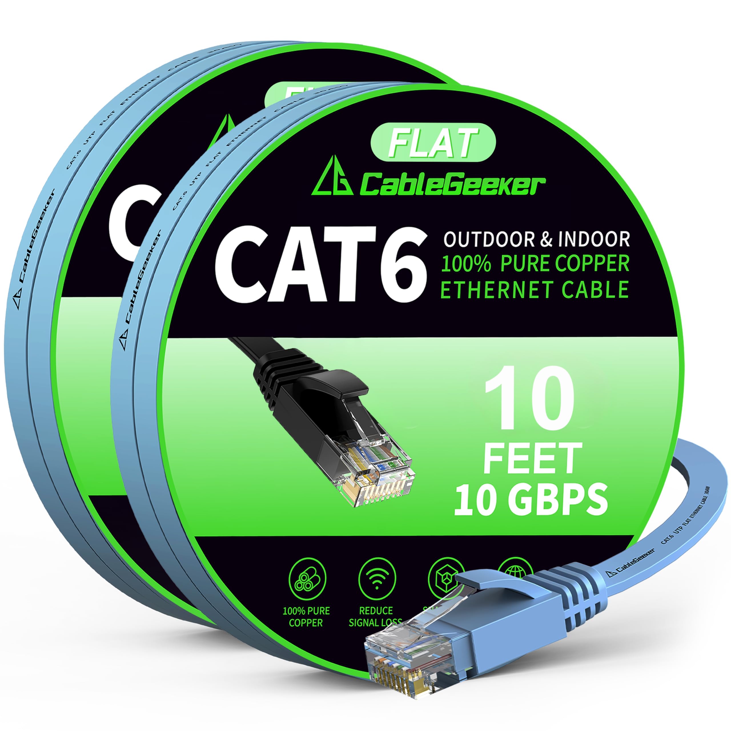Cat 6 Ethernet Cable 10ft 2-Pack, Indoor&Outdoor, High Speed 10Gbps Internet Network, Pure Copper Flat Ethernet Patch Cable Long