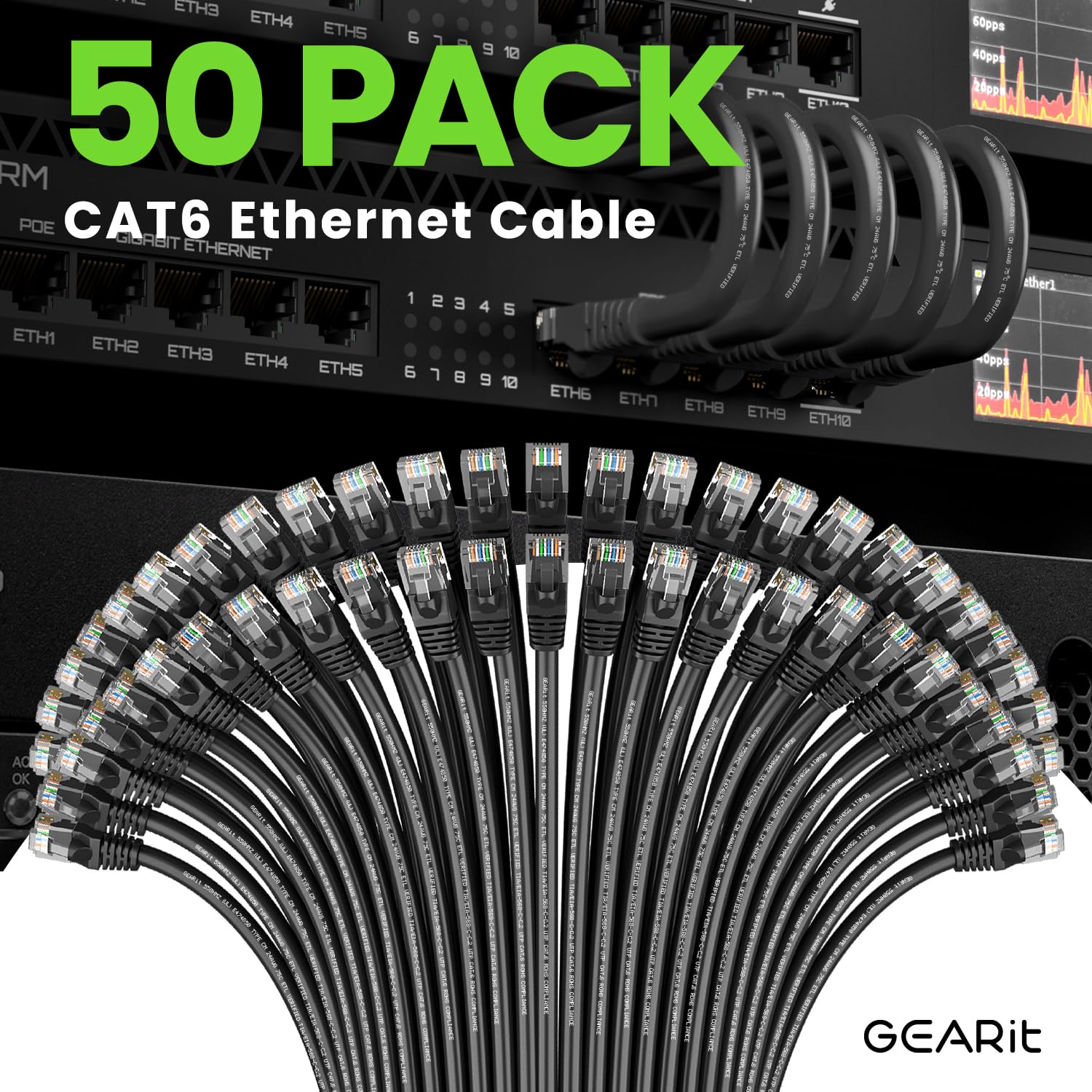 Gearit 50 Pack, Cat 6 Ethernet Cable Cat6 Snagless Patch 2 Feet   Snagless Rj45 Computer Lan Network Cord, Black   Compatible Wi