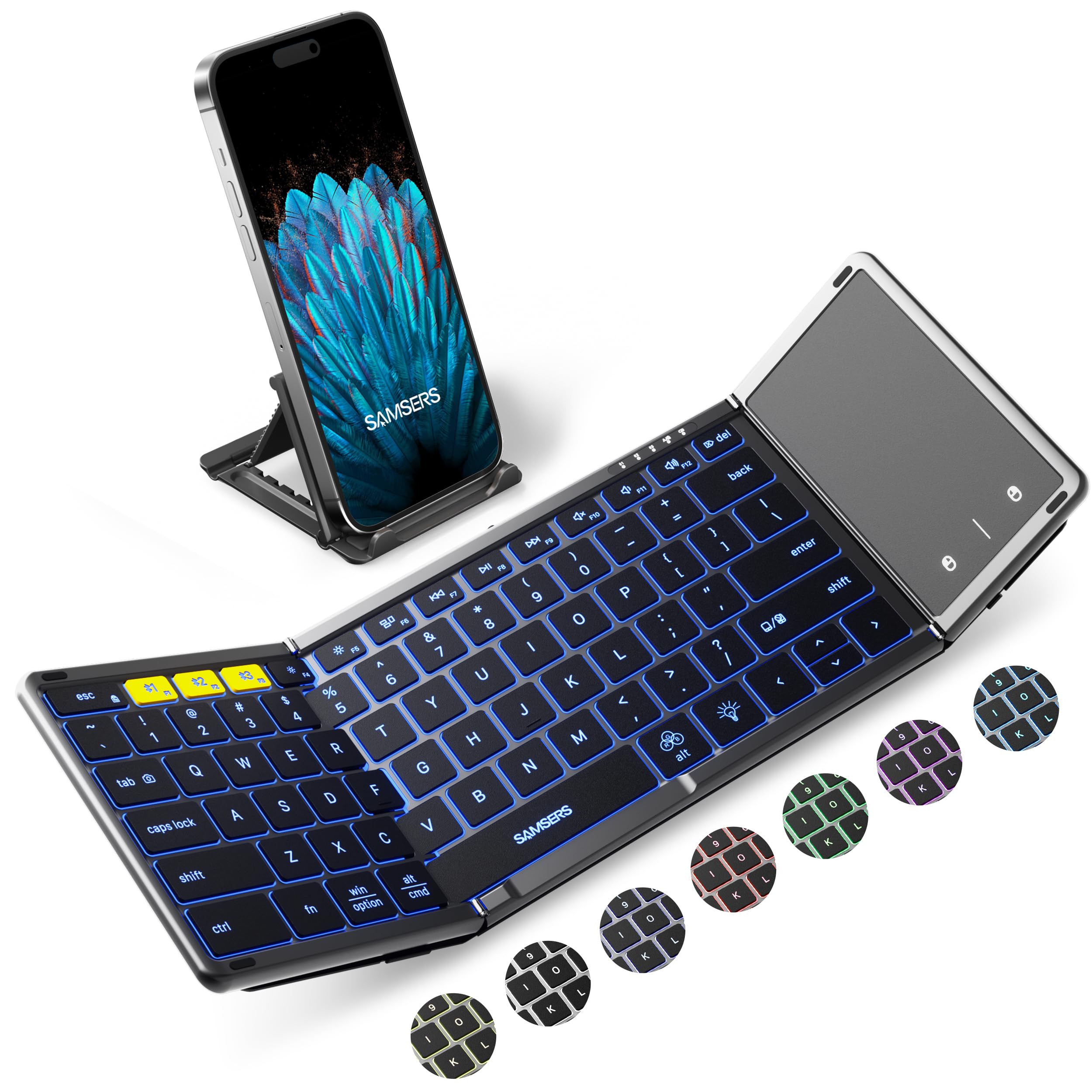 Samsers FullSize Backlit Foldable Bluetooth Keyboard with Touchpad, Gray