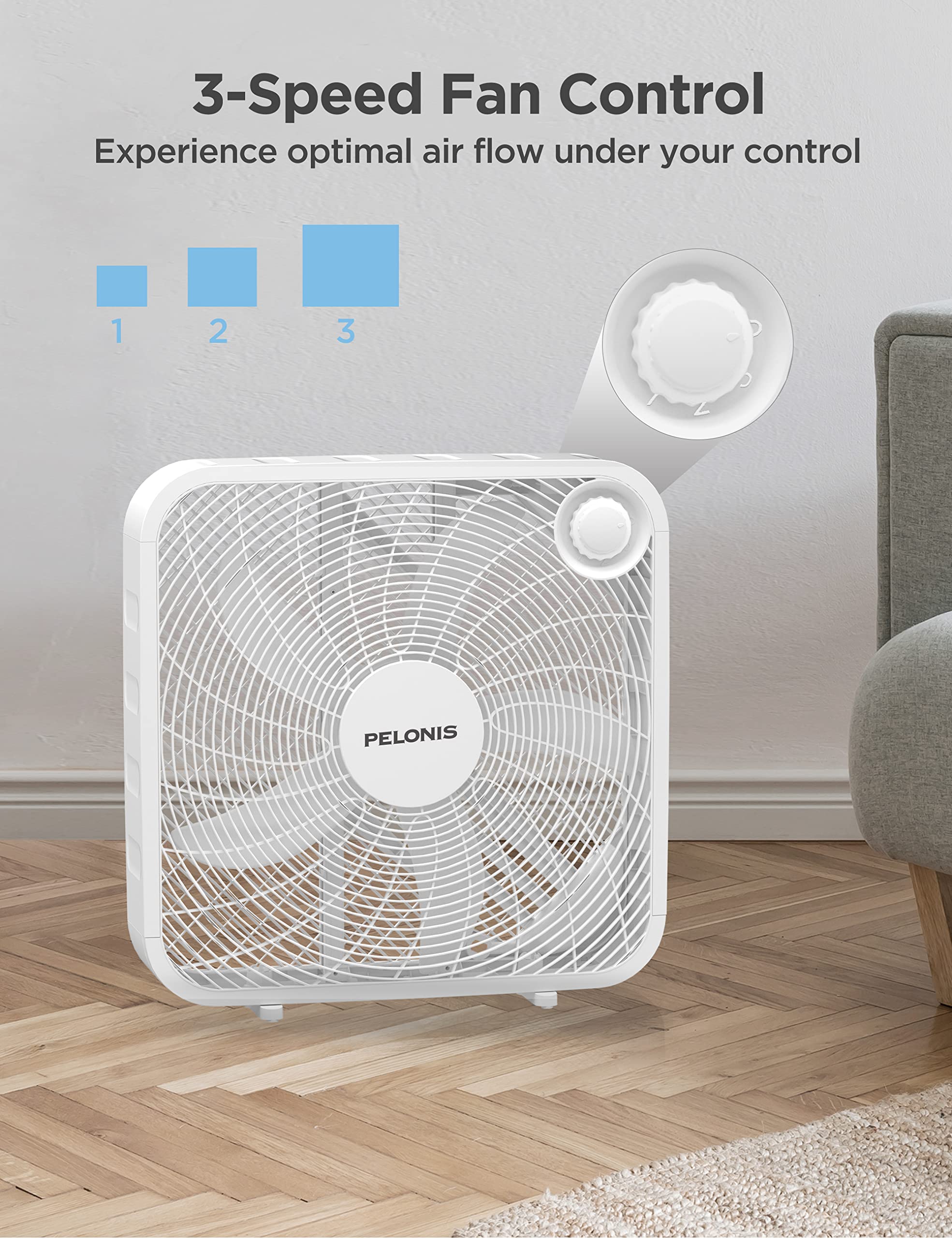 Pelonis 3 Speed Box Fan For Full Force Circulation With Air Conditioner, White