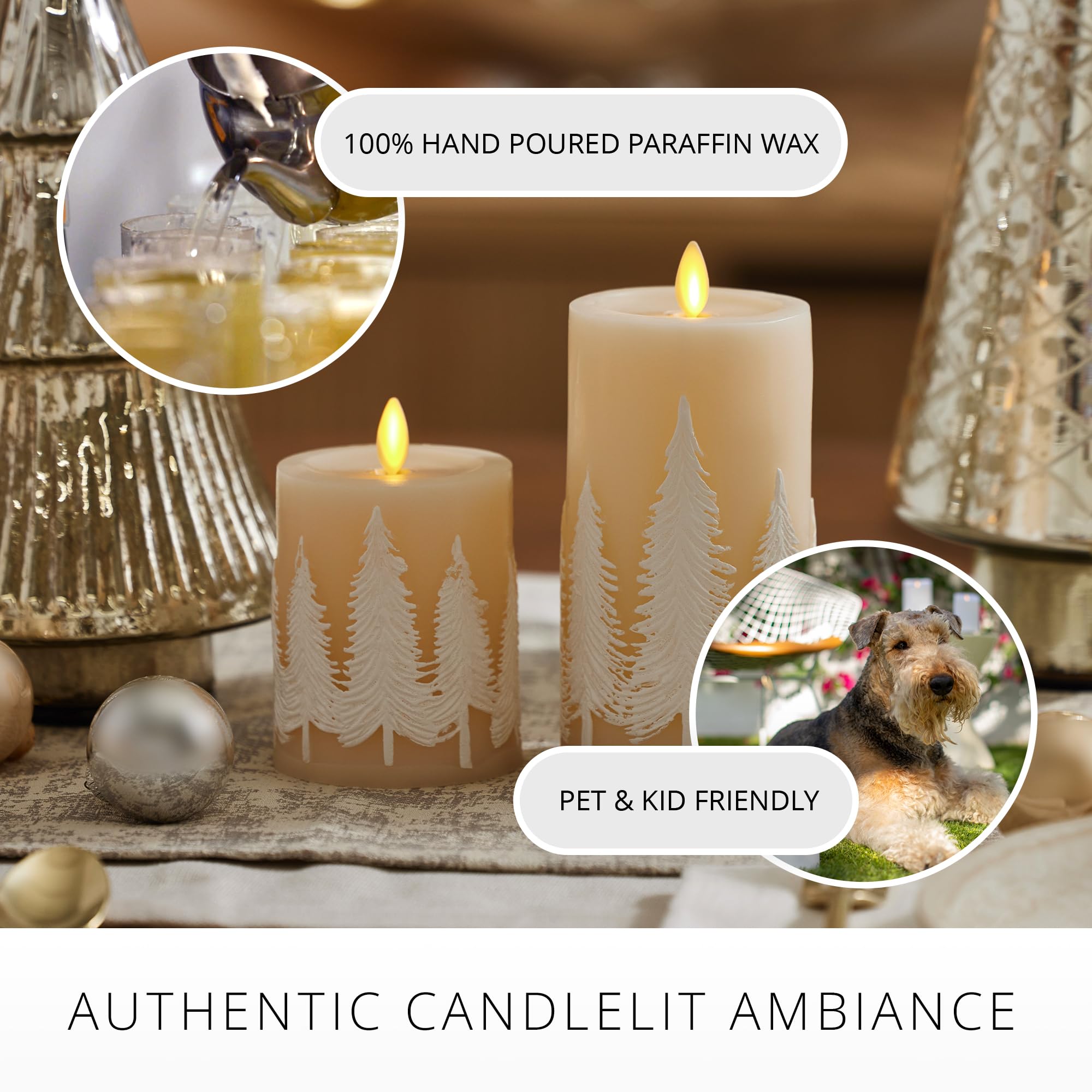 Luminara White Swan Embossed Trees Flameless Led Candle, 3.2'' X 4.5'', Moving Flame, Safe Timer Feature, Real Wax, Battery Oper