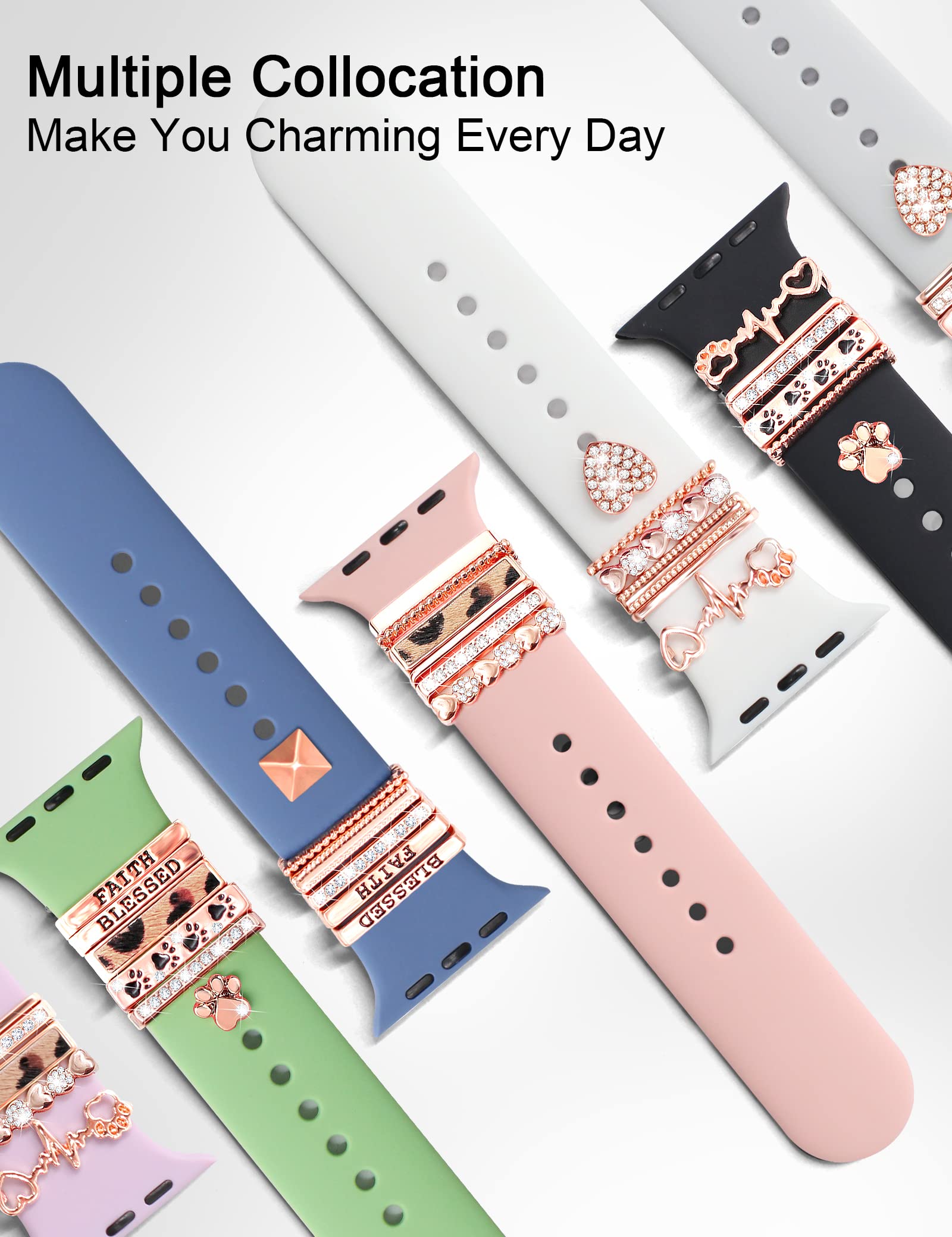 Jr.Dm 13 Pcs Rose Gold Watch Band Charms With 10 Pcs Decorative Rings Loops 3 Pcs Decoration, Compatible With Apple Watch Band M