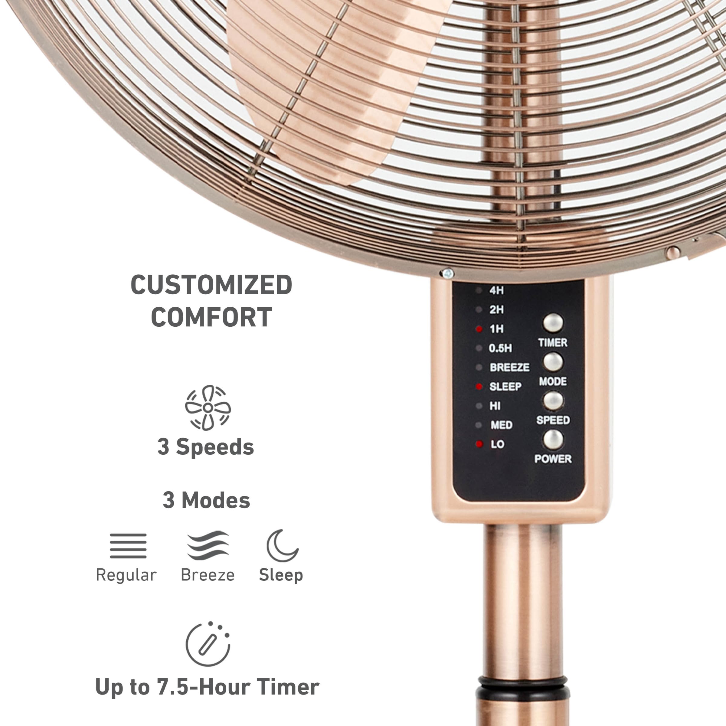 Holmes 16'' Copper Digital Metal Stand Fan, 75 Oscillation, 3 Speeds, 4 Blades, 3 Modes, 7.5 Hour Timer, Adjustable Height, 20 H