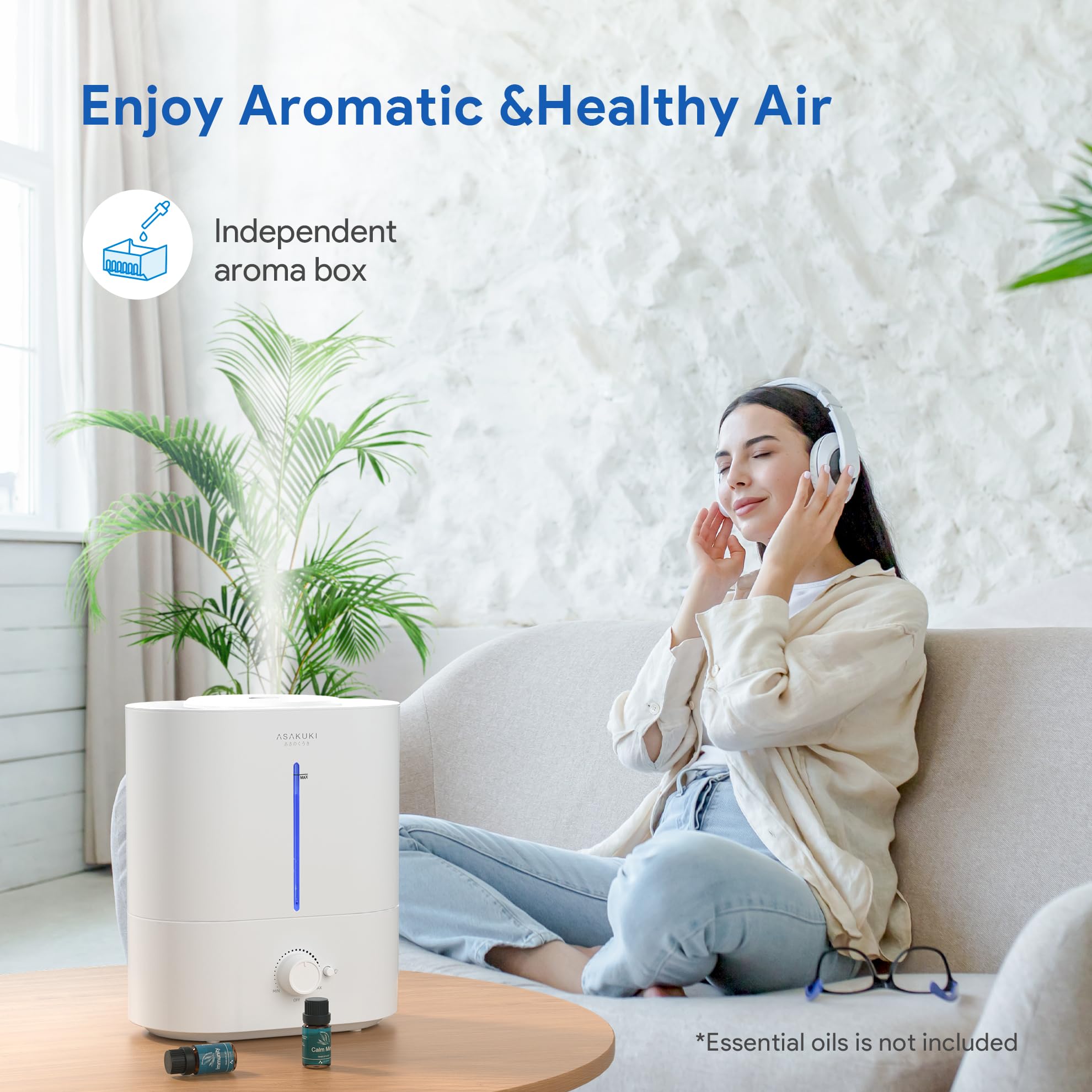 Asakuki Cool Mist Humidifiers For Bedroom Home, 4L Top Fill Humidifier Large Room For Baby Nursery & Plants, Quiet Room Humidifi