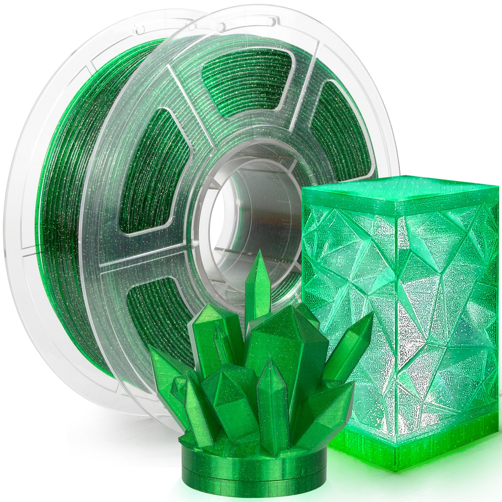 IEMAI Green Glitter PETG Filament 1.75mm 1kg, Sparkle Galaxy Transparent 3D Printer Filament 50-600mm/s Rapid Printing, Crystal 