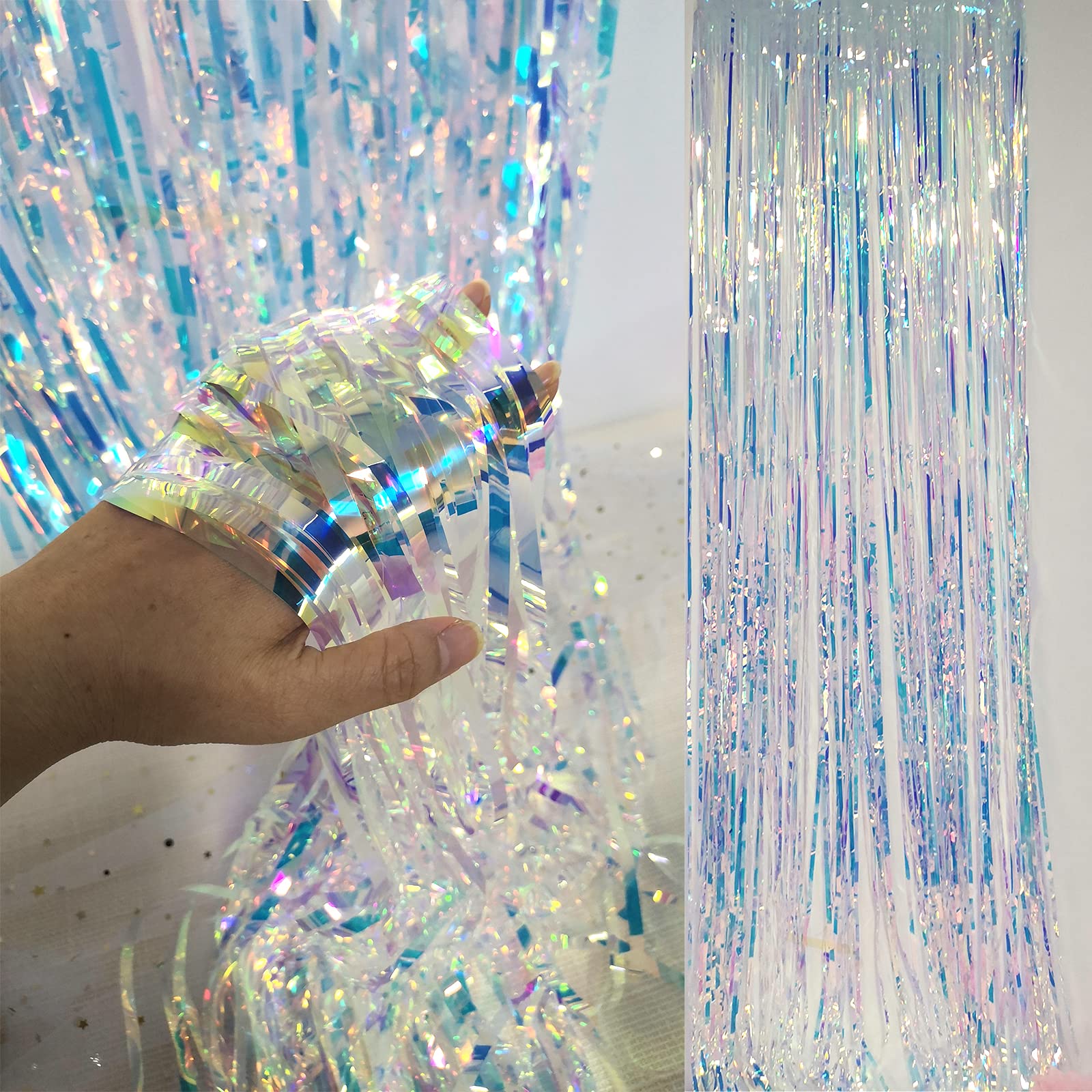 Chrorine 2Pcs 1M X 2.5M Rainbow Curtains Tinsel Foil Fringe Curtain Streamers Backdrop For Princess Unicorn Mermaid Pastel Rainb